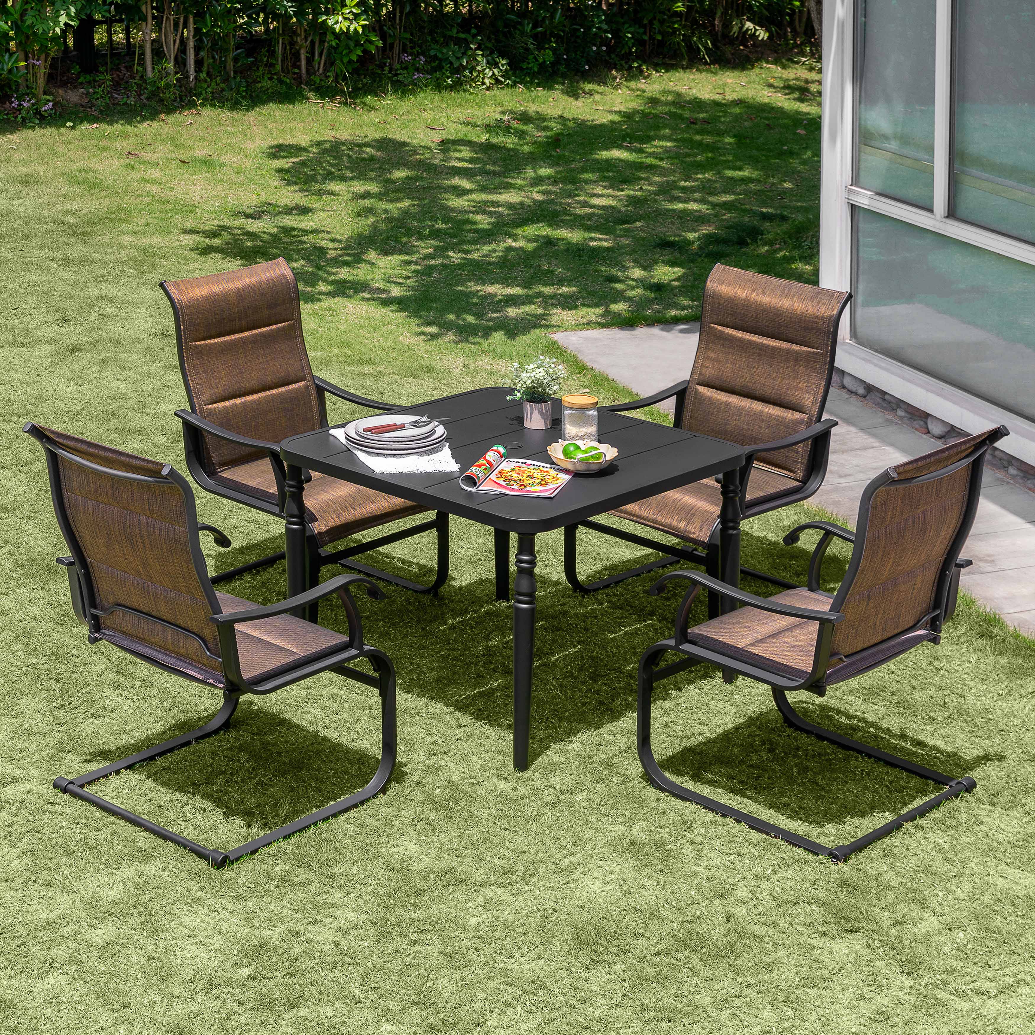 Angle. Nuu Garden - Patio 5-Piece Dining Table Set with Umbrella Hole and Textilene Chairs - Brown and Black.