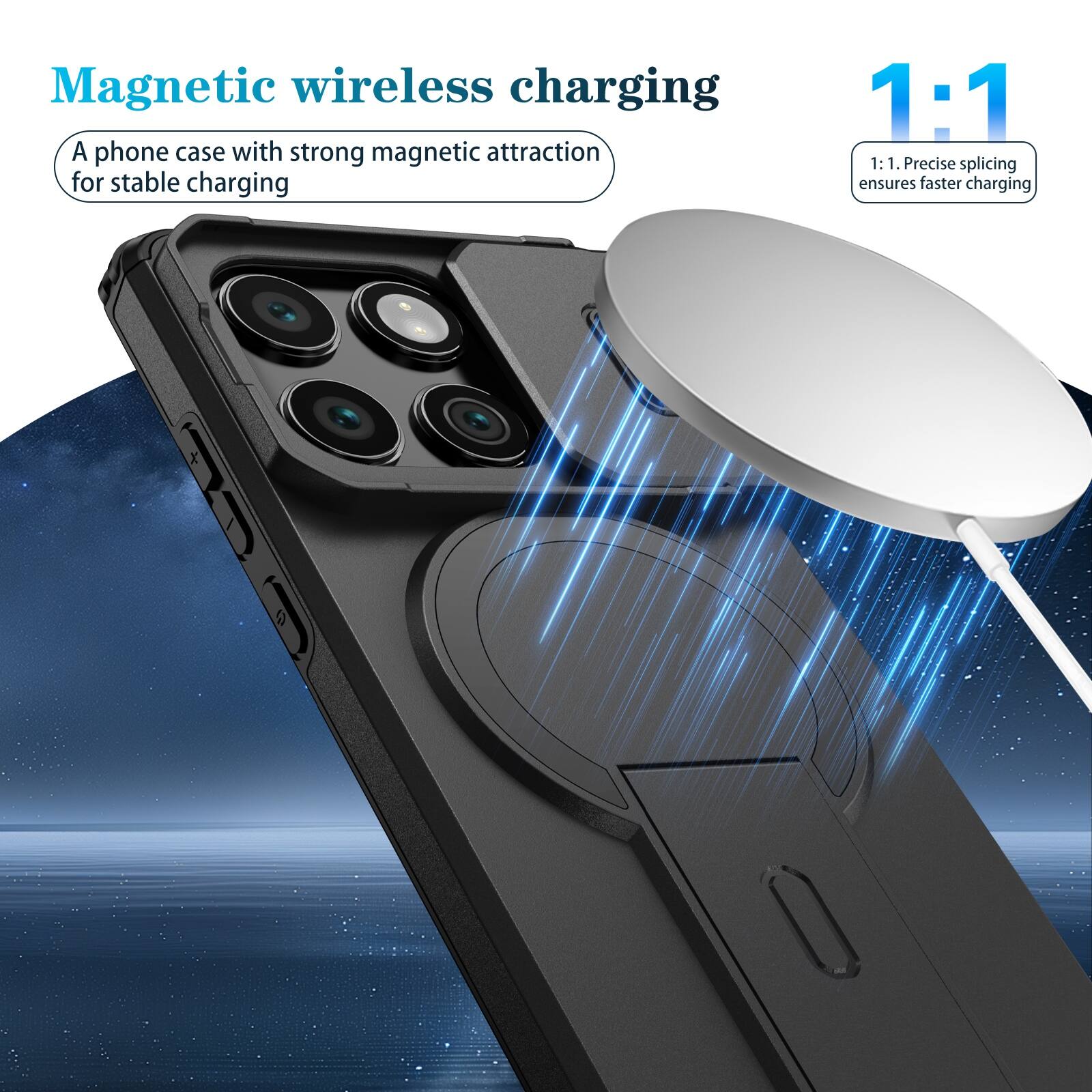Magnetic wireless charging

A phone case with strong magnetic attraction for stable charging

1:1

1:1. Precise splicing ensures faster charging