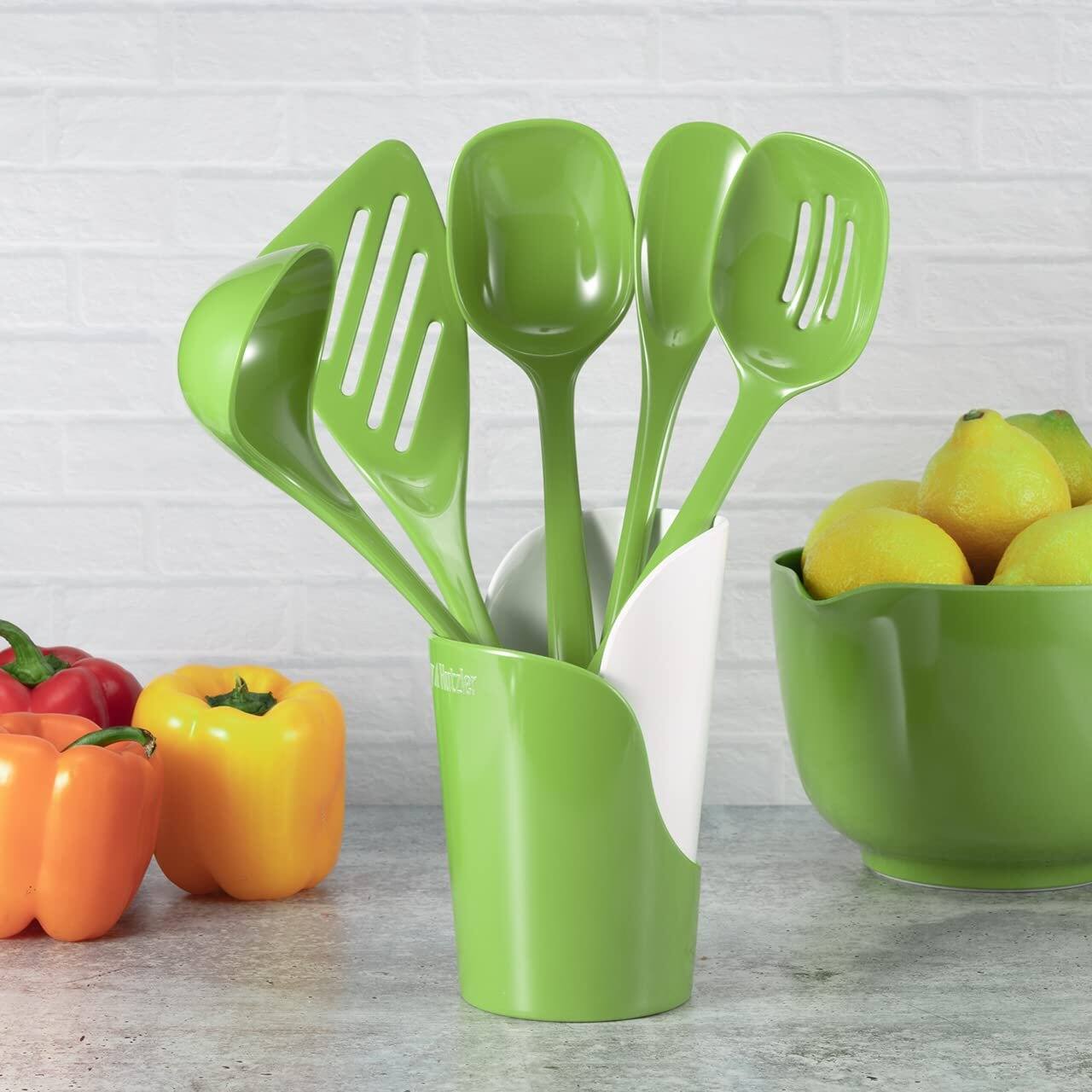 Angle. Hutzler - 6-piece Melamine Cooking Utensils Set and Storage Crock - Green - Green.