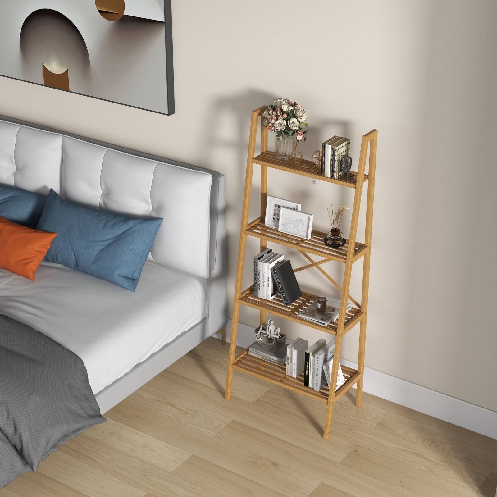 The image shows a bedroom with a white bed and a wooden shelf. The shelf is holding various items, including a vase with flowers, books, and a picture. The bed is positioned against a wall, and there is a painting hanging above it. The room also features a couch, a chair, and a potted plant, creating a cozy and inviting atmosphere.