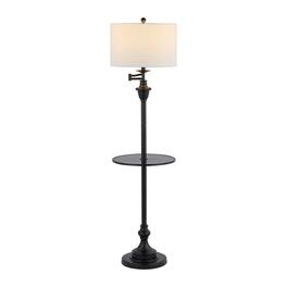Jonathan Y - Cora 60" Modern Metal LED Floor Lamp with Integrated Glass Side Table and Swing Arm - Black