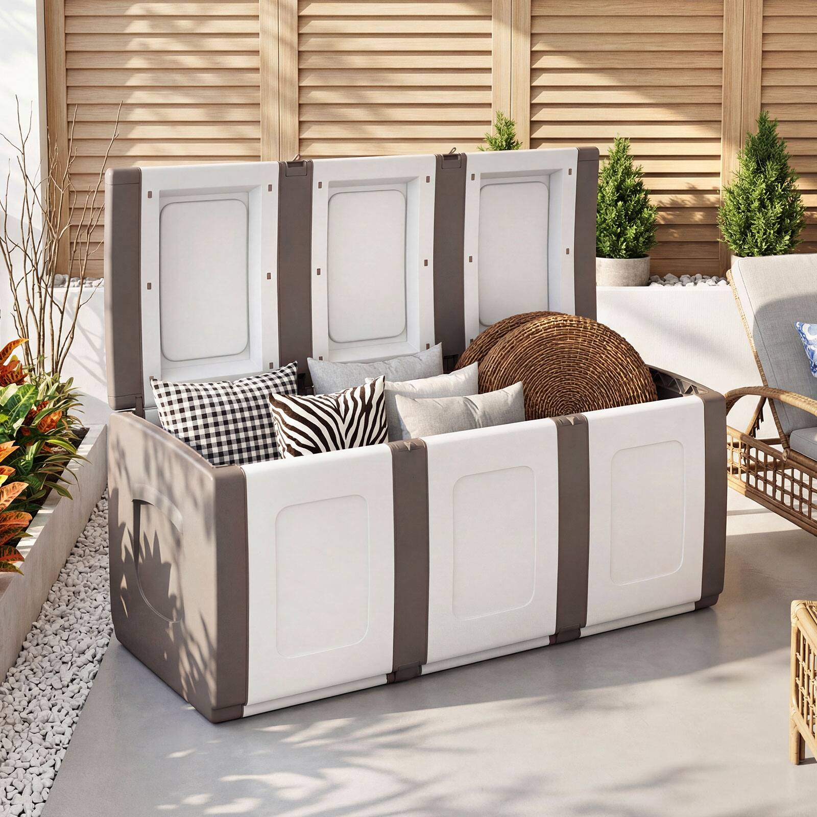 Alt View 1. Gymax - Gymax Deck Box Patio Container w/ Lockable Lid Weatherproof Plastic Storage Bin Brown & White - Brown.