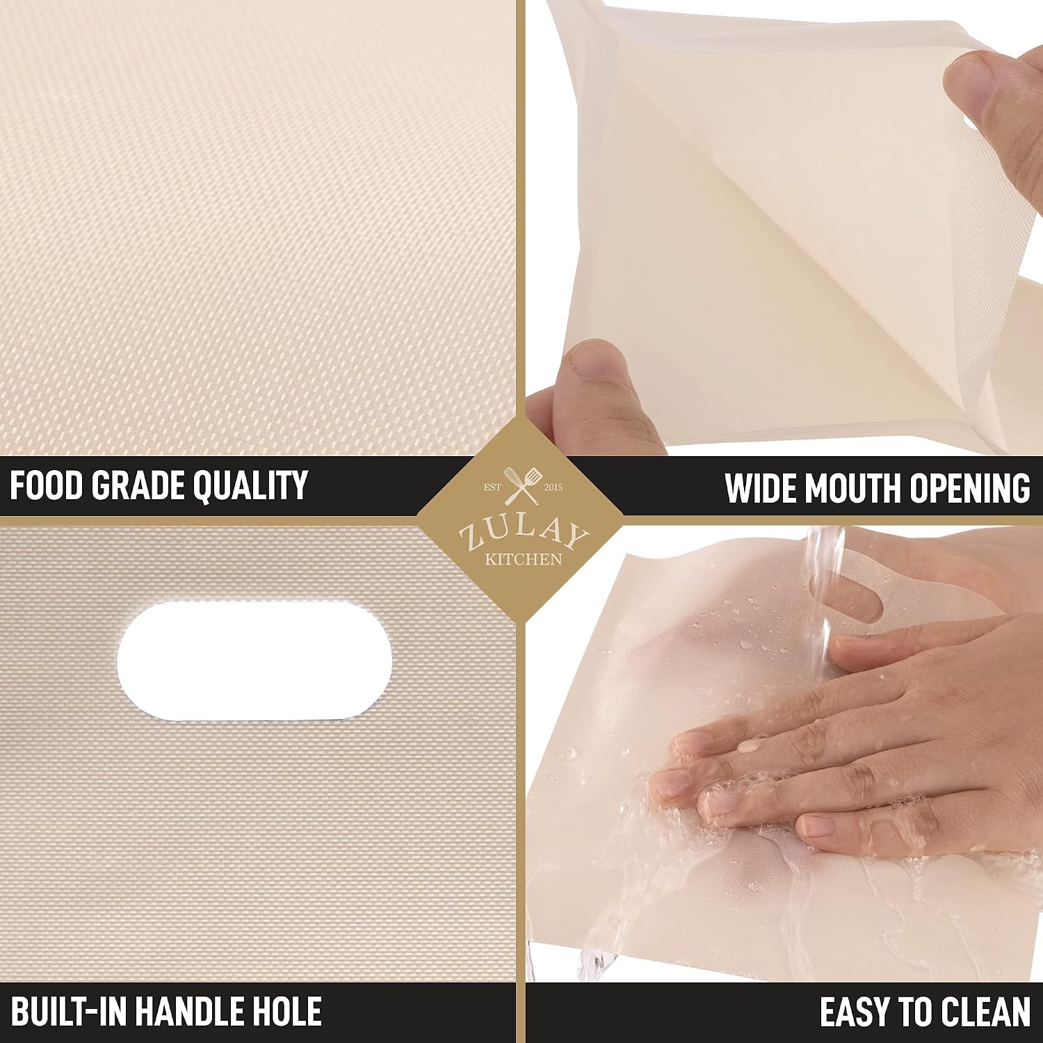 FOOD GRADE QUALITY  
EST 2015 ZULAY KITCHEN  
WIDE MOUTH OPENING  
BUILT-IN HANDLE HOLE  
EASY TO CLEAN