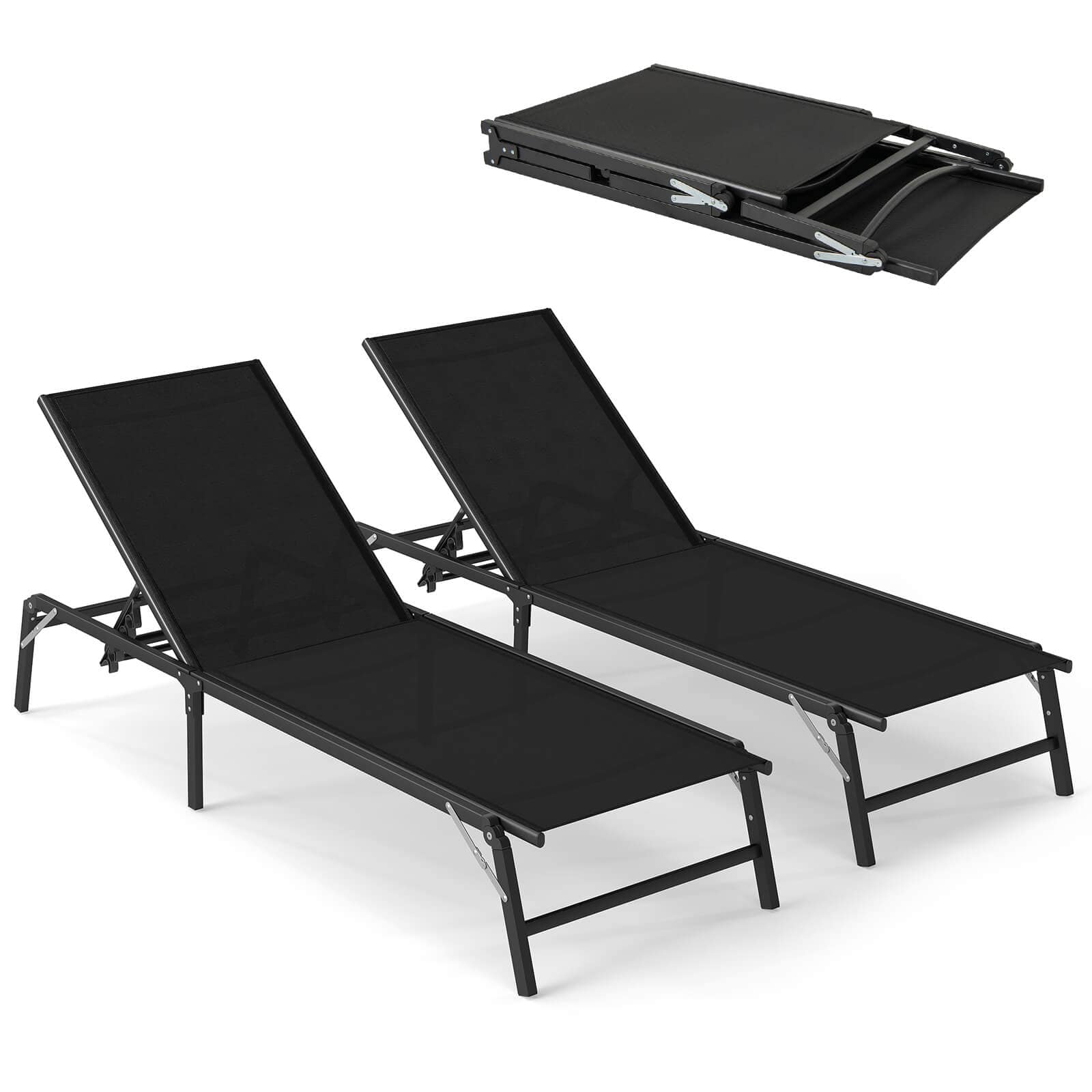 Costway - 2 PCS Reclining Lounge Chairs Folding Patio Recliner Chair with 5-position Backrest - Black