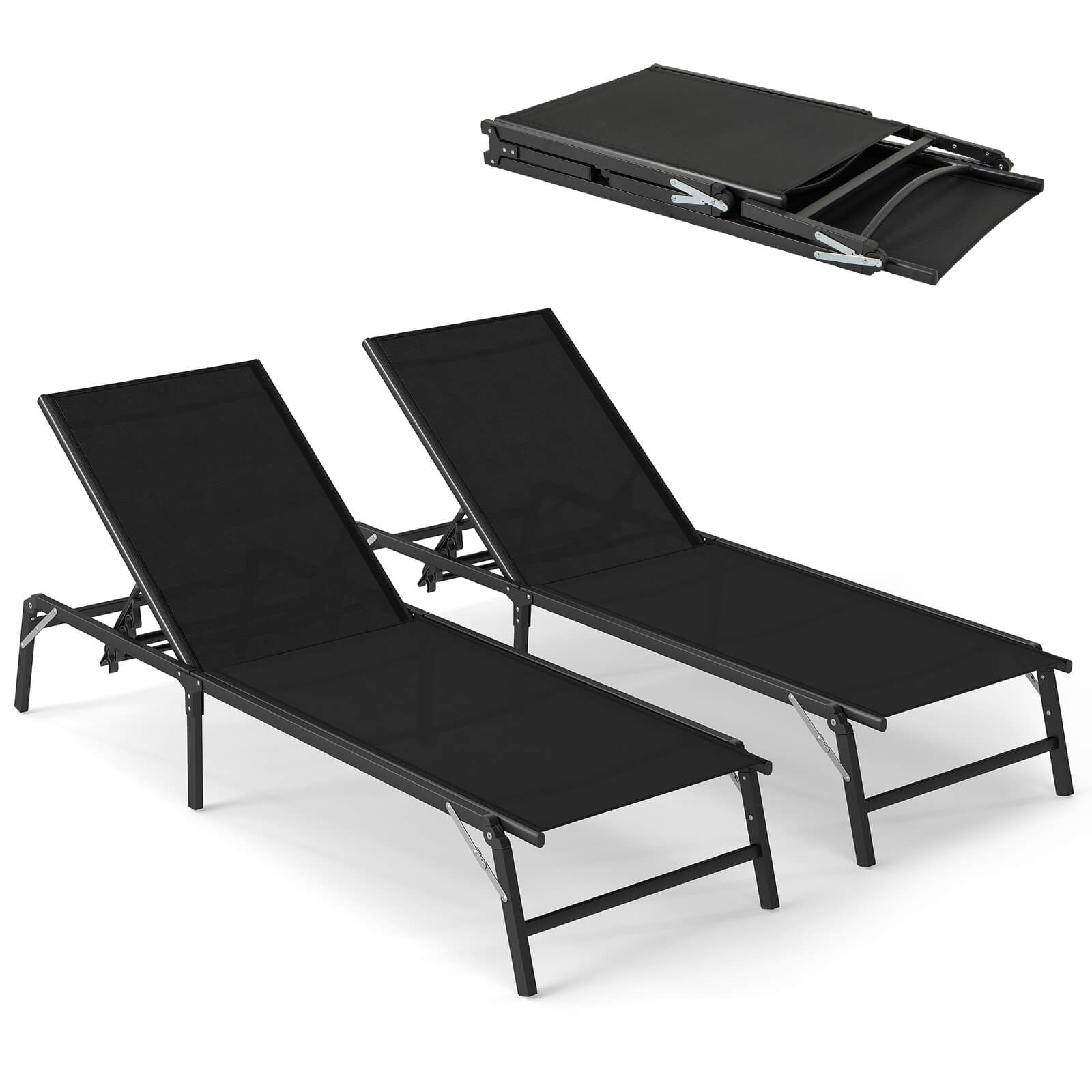 Costway - 2 PCS Reclining Lounge Chairs Folding Patio Recliner Chair with 5-position Backrest - Black