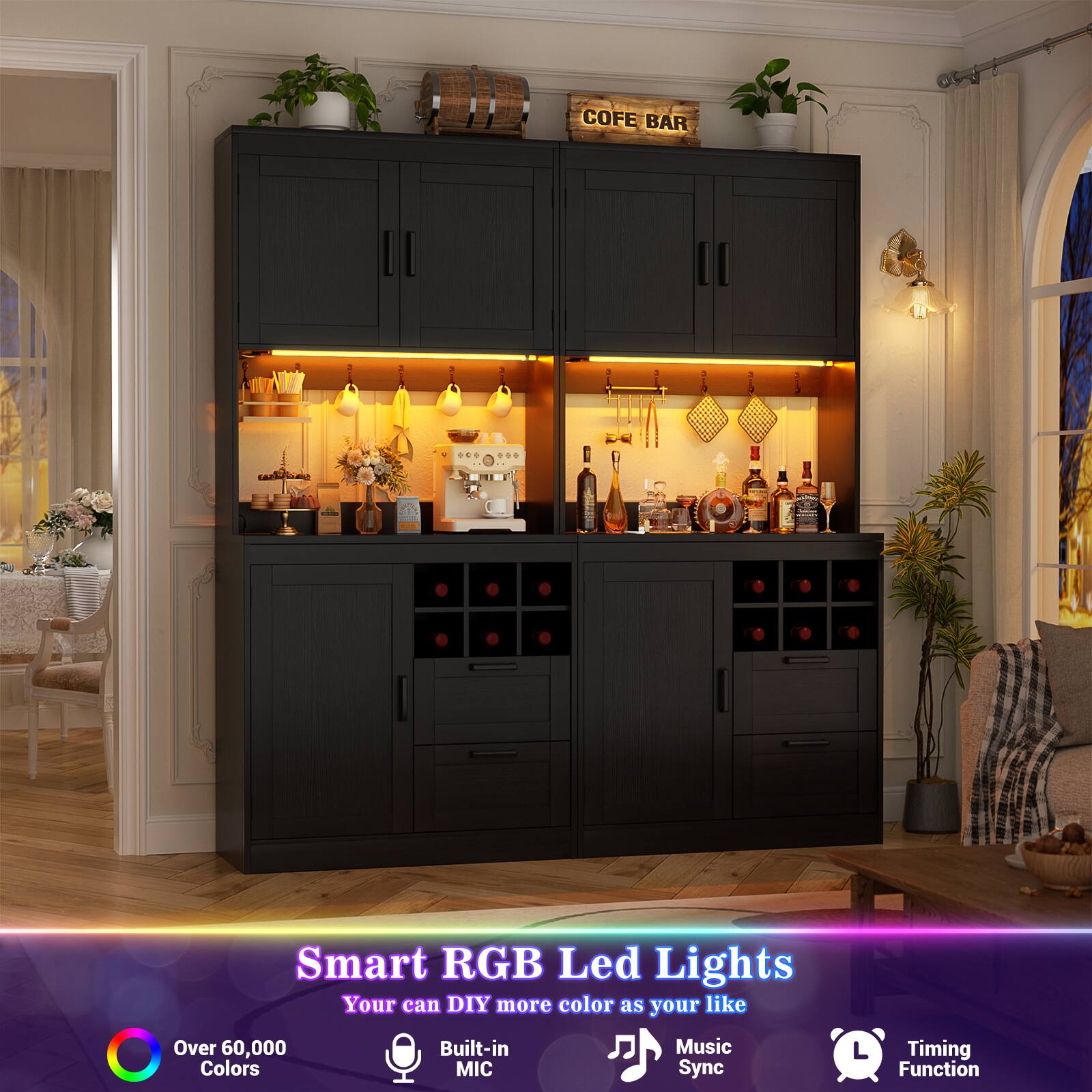 COFE BAR

Smart RGB Led Lights  
Your can DIY more color as your like  
Over 60,000 Built-in Music Timing Colors MIC Sync Q Function