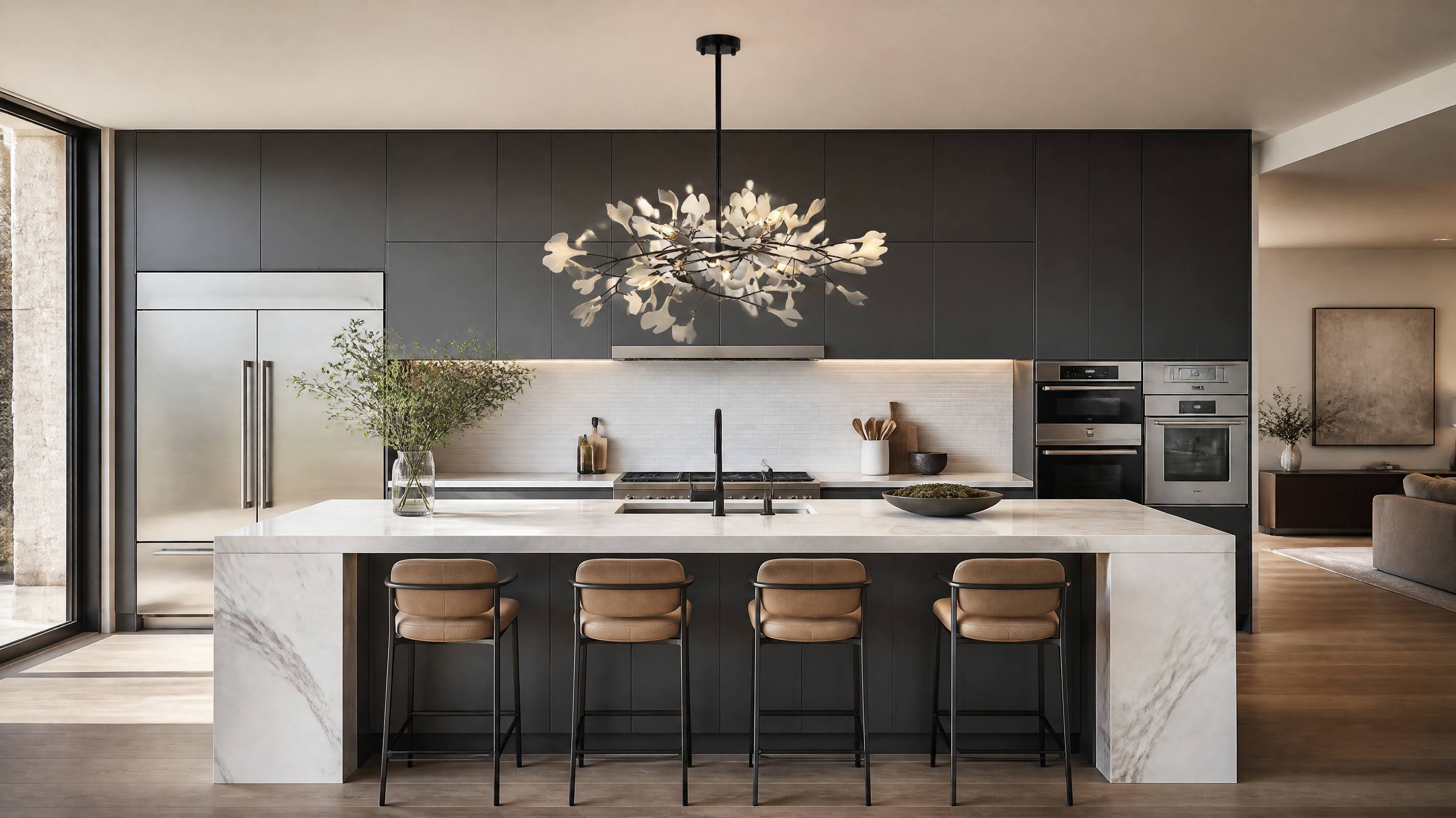 Left. Umeiluce - 8-Light Luxury Branching Chandelier Ginkgo Lighting - Matte Black.