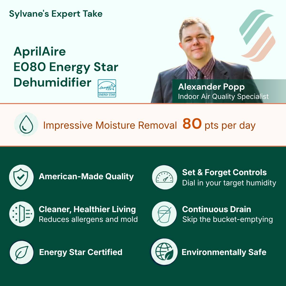Sylvane's Expert Take

AprilAire E080 Energy Star Dehumidifier

Alexander Popp
Indoor Air Quality Specialist

Impressive Moisture Removal 80 pts per day

American-Made Quality

Cleaner, Healthier Living
Reduces allergens and mold

Set & Forget Controls
Dial in your target humidity

Continuous Drain
Skip the bucket-emptying

Energy Star Certified

Environmentally Safe