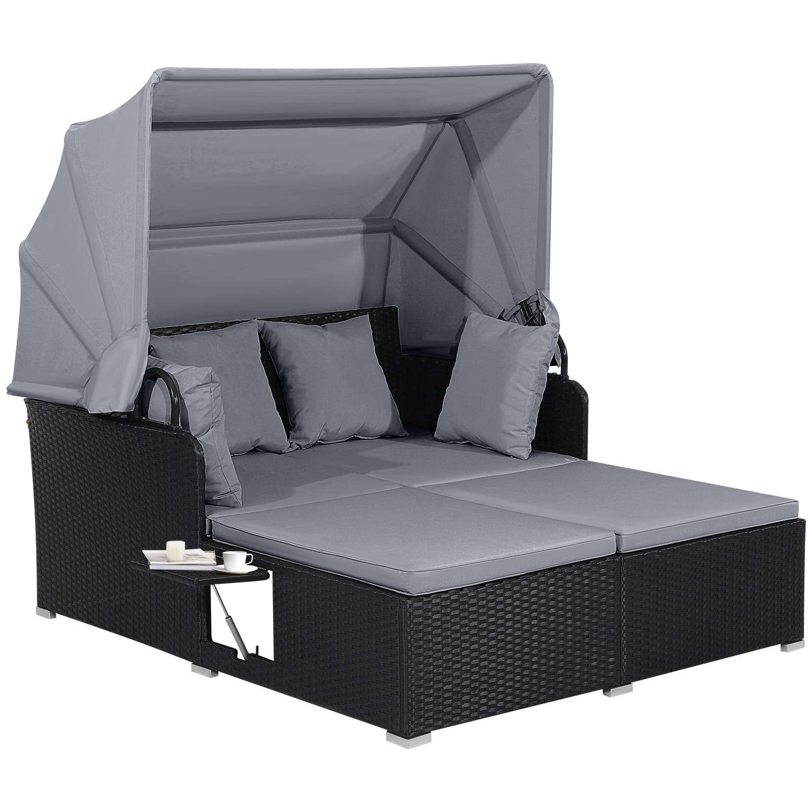 Gymax - Rattan Daybed Lounge w/ Retractable Top Canopy Side Tables Cushions Gray - Black