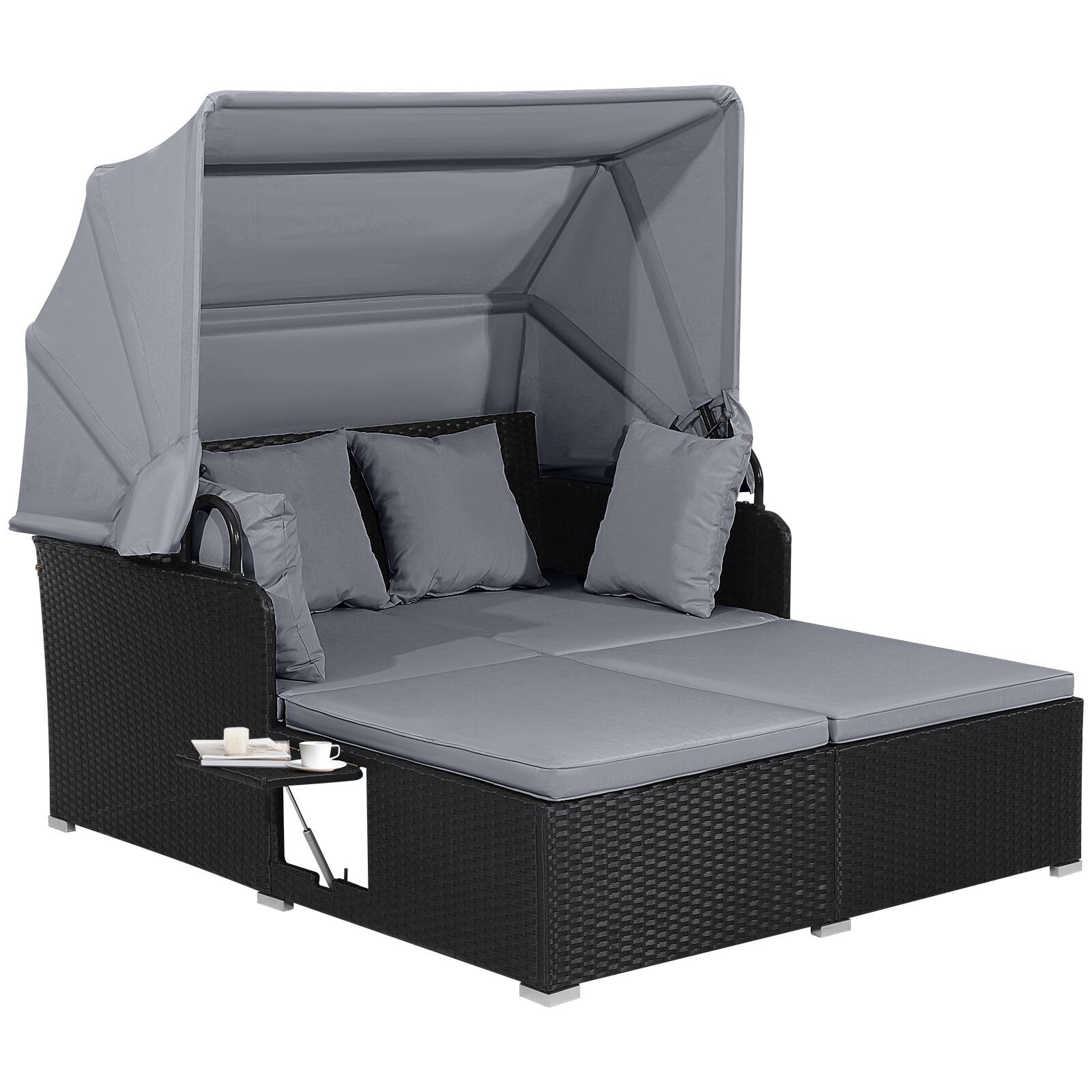 Gymax - Rattan Daybed Lounge w/ Retractable Top Canopy Side Tables Cushions Gray - Black
