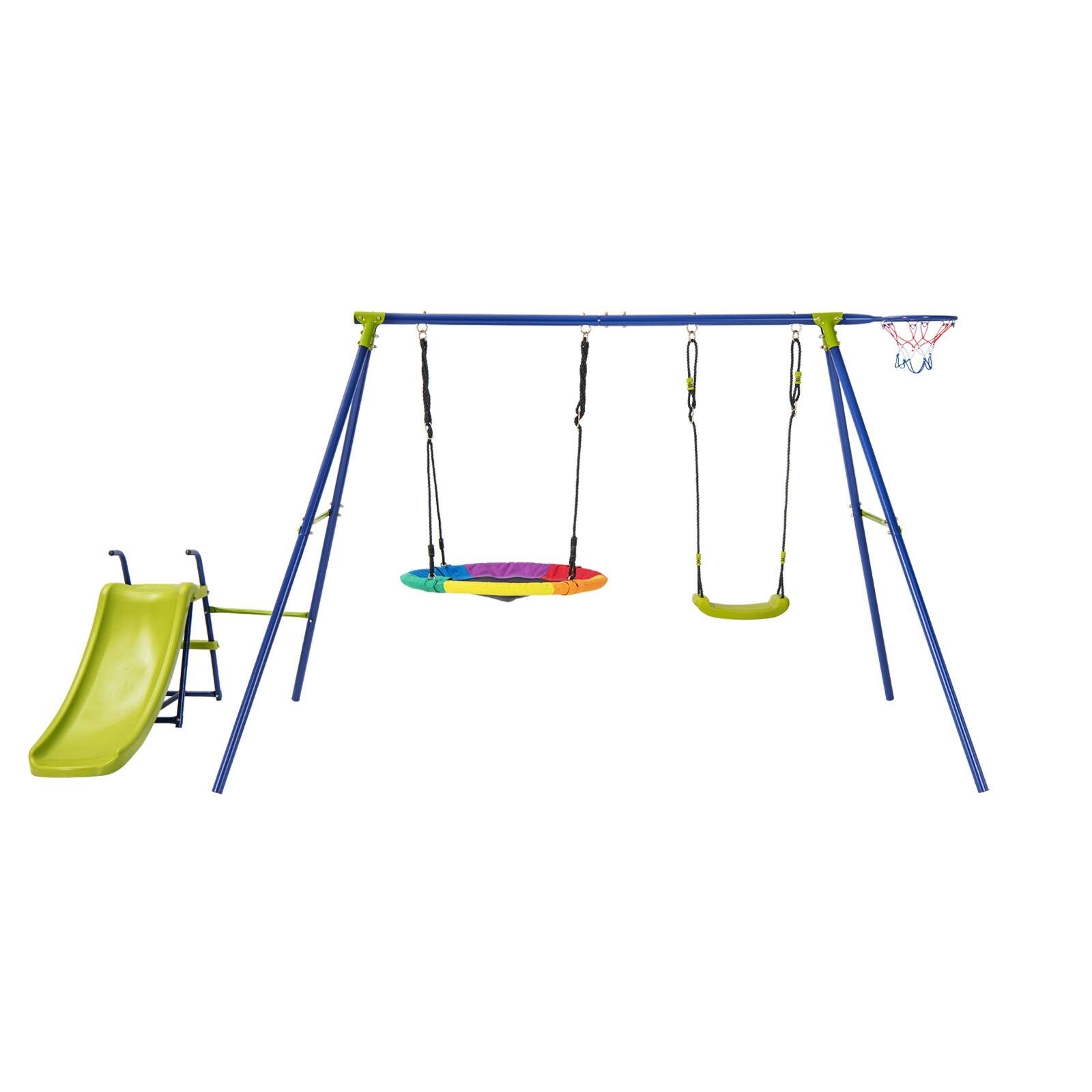 Left. SlickBlue - 4-in-1 Metal Playset with Slide, Basketball Hoop, Swing and Climbing Features - Multicolor.