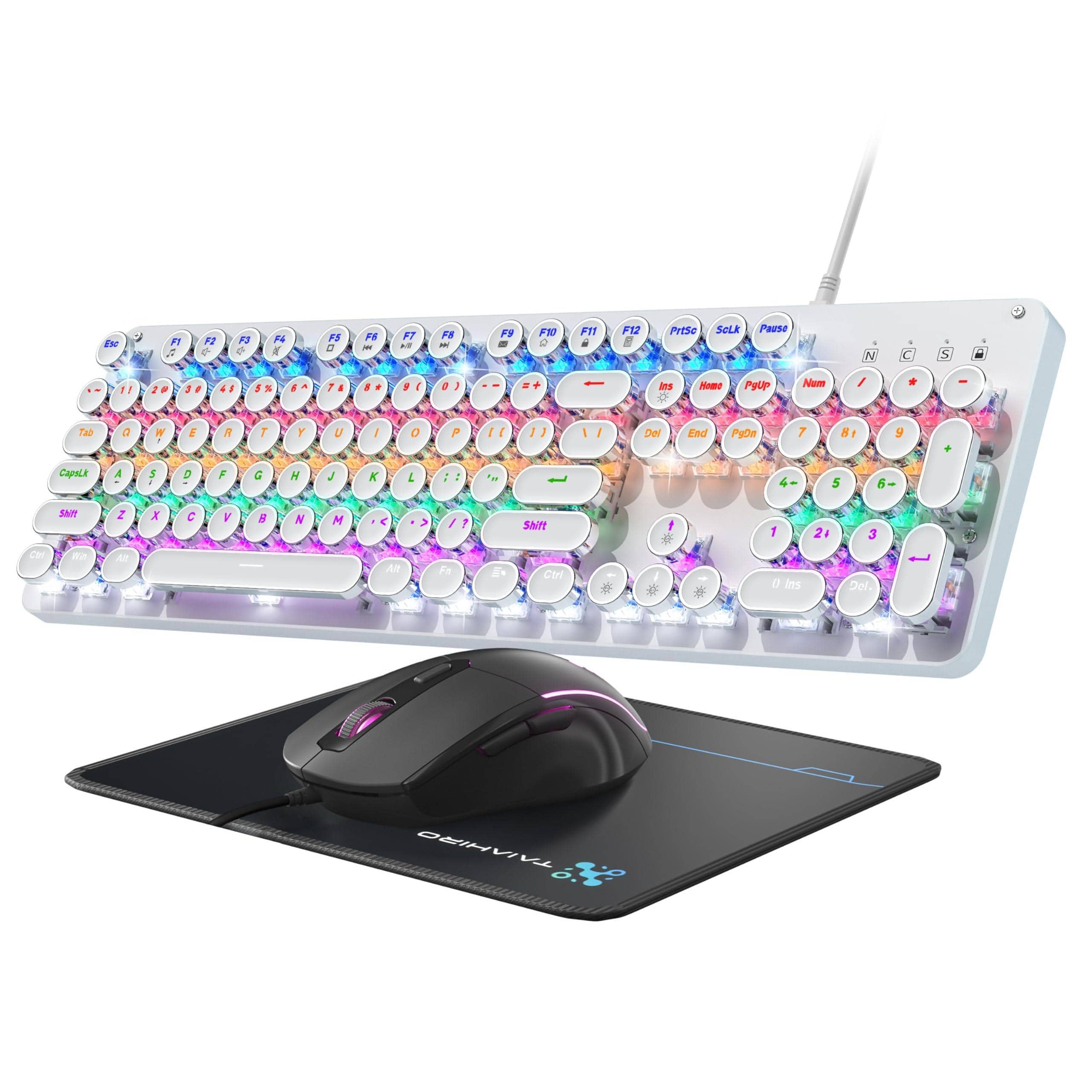 Live At Space - Typewriter Style Mechanical Gaming Blue Rainbow Led Backlit Wired Computer Keyboards Mouse And Pad Combo Metal Panel - Metallic White