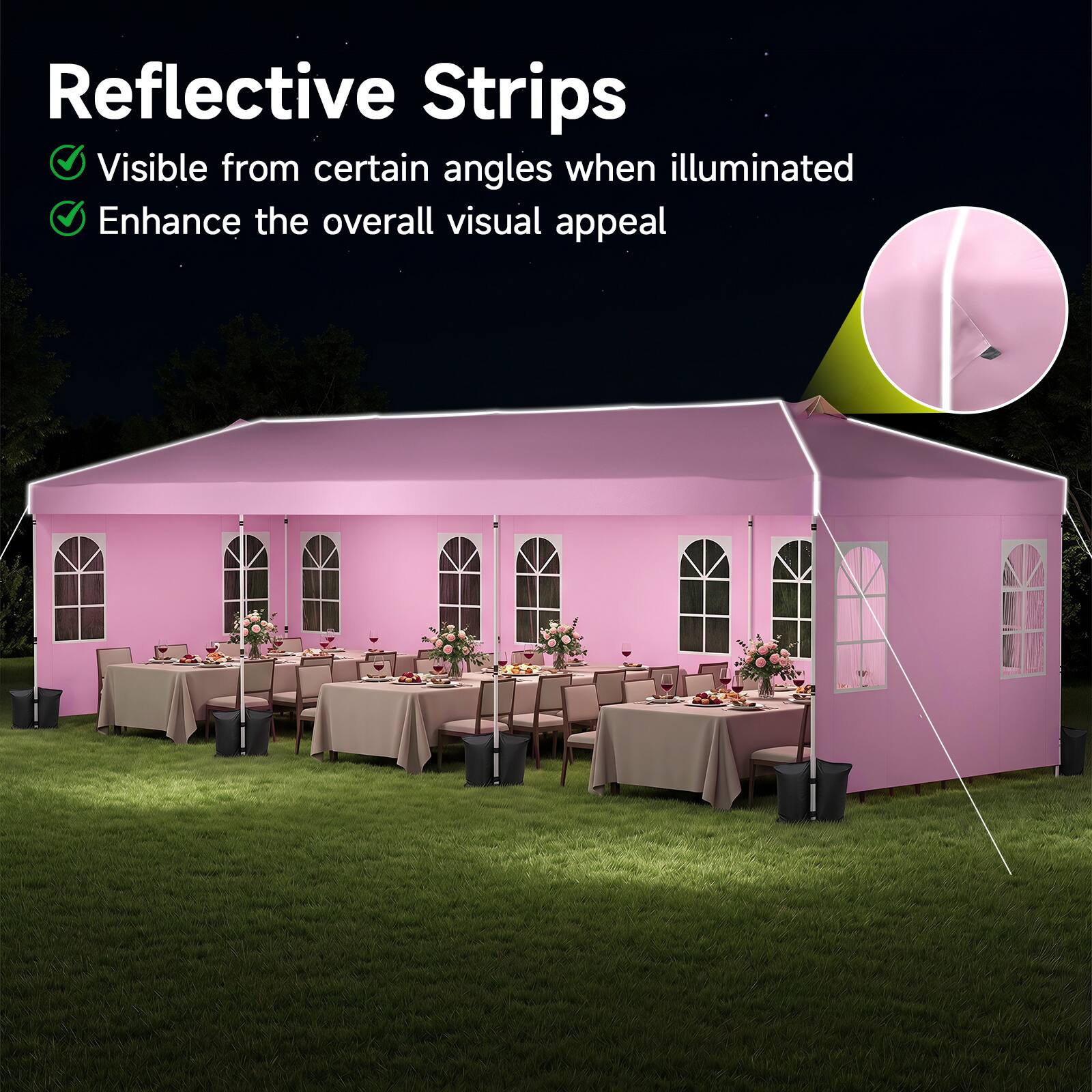 Reflective Strips

- Visible from certain angles when illuminated
- Enhance the overall visual appeal