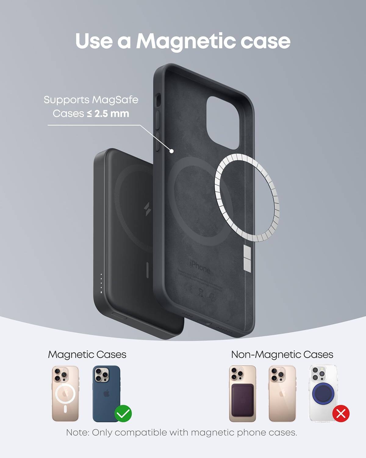 Use a Magnetic case

Supports MagSafe Cases ≤ 2.5 mm

Magnetic Cases

Non-Magnetic Cases

Note: Only compatible with magnetic phone cases.