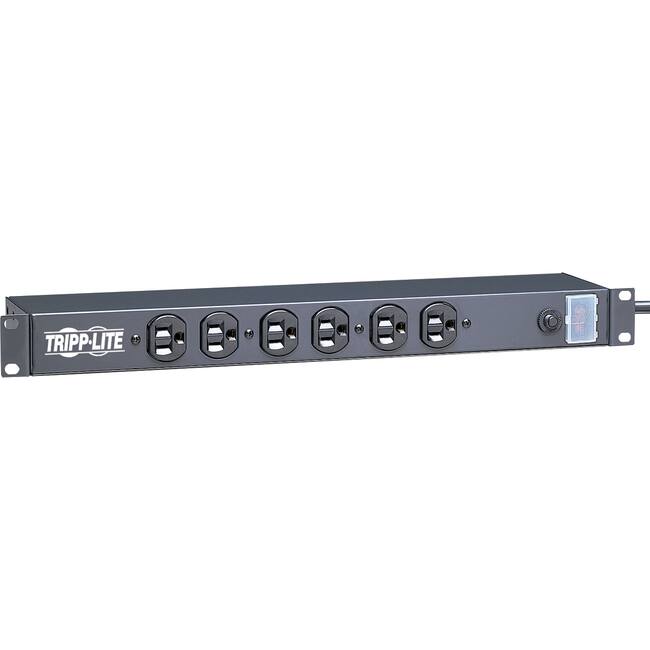 Front. Tripp Lite - Eaton Tripp Lite Series 1U Rack-Mount Power Strip, 120V, 15A, 5-15P, 12 Outlets (6 Front-Facing, 6-Rear-Facing), 15 ft. - Black.