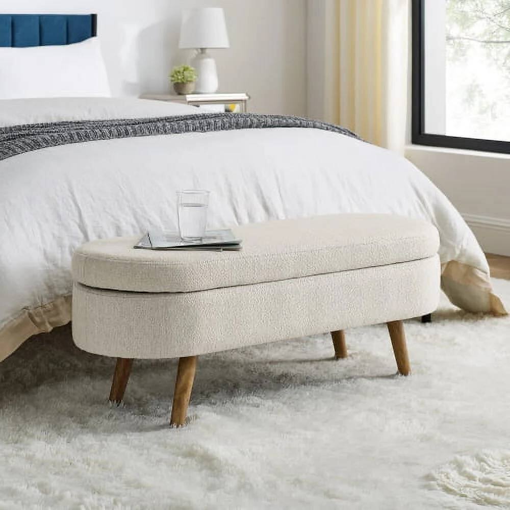 Back. Hivvago - Mid-Century Modern Boho Style Linen Bedroom Storage Bed Bench - Off-White, Beige.