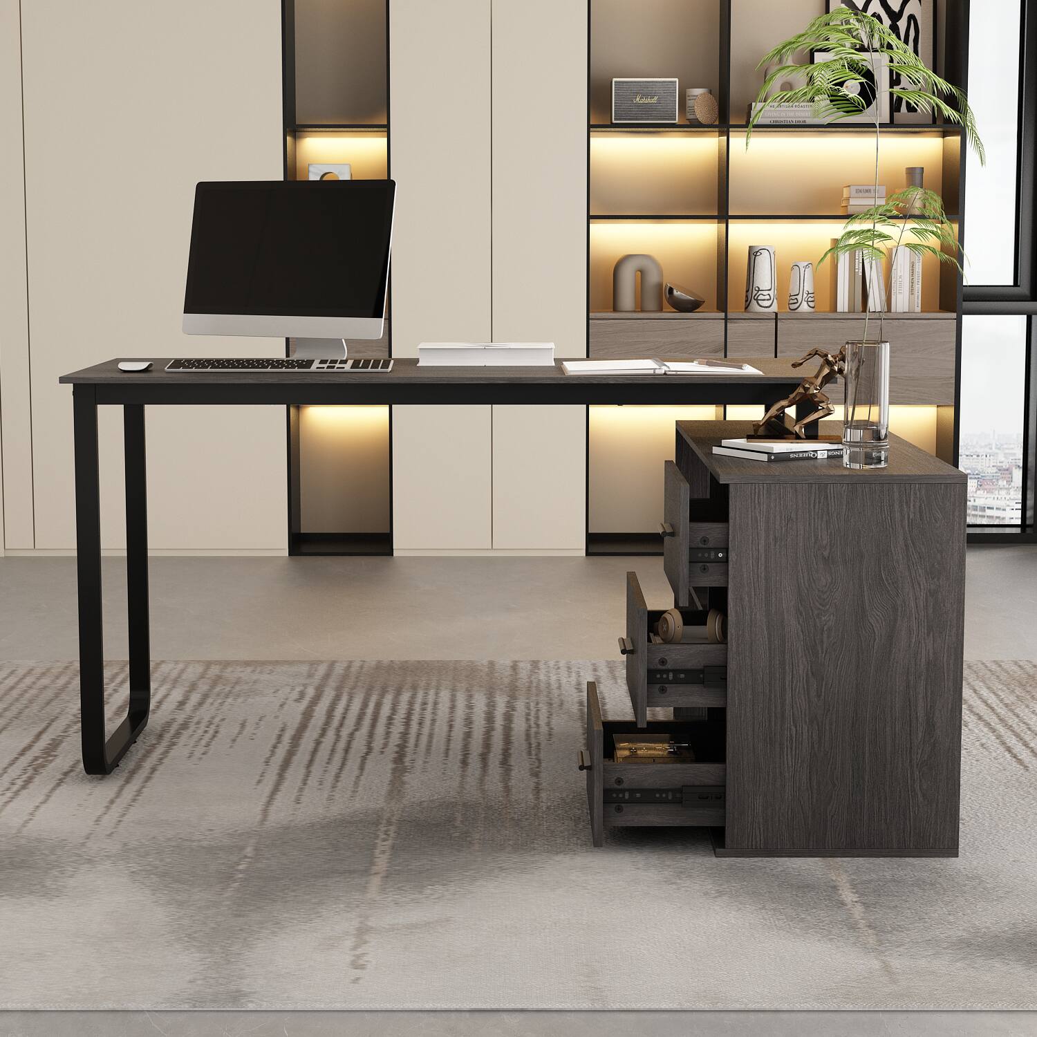 Left. Famapy - Famapy Multi - Color L - Shaped Desk: Corner - Friendly Design, Smooth Drawers & Versatile Use for Work/Gaming Setups - Dark Gray.