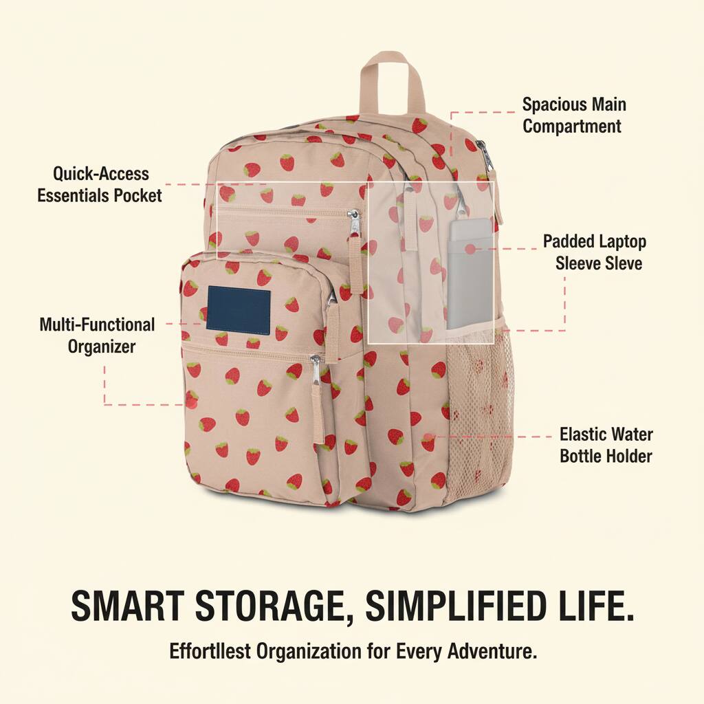 Spacious Main Compartment  
Quick-Access Essentials Pocket  
Padded Laptop Sleeve  
Multi-Functional Organizer  
Elastic Water Bottle Holder  

SMART STORAGE, SIMPLIFIED LIFE.  
Effortless Organization for Every Adventure.