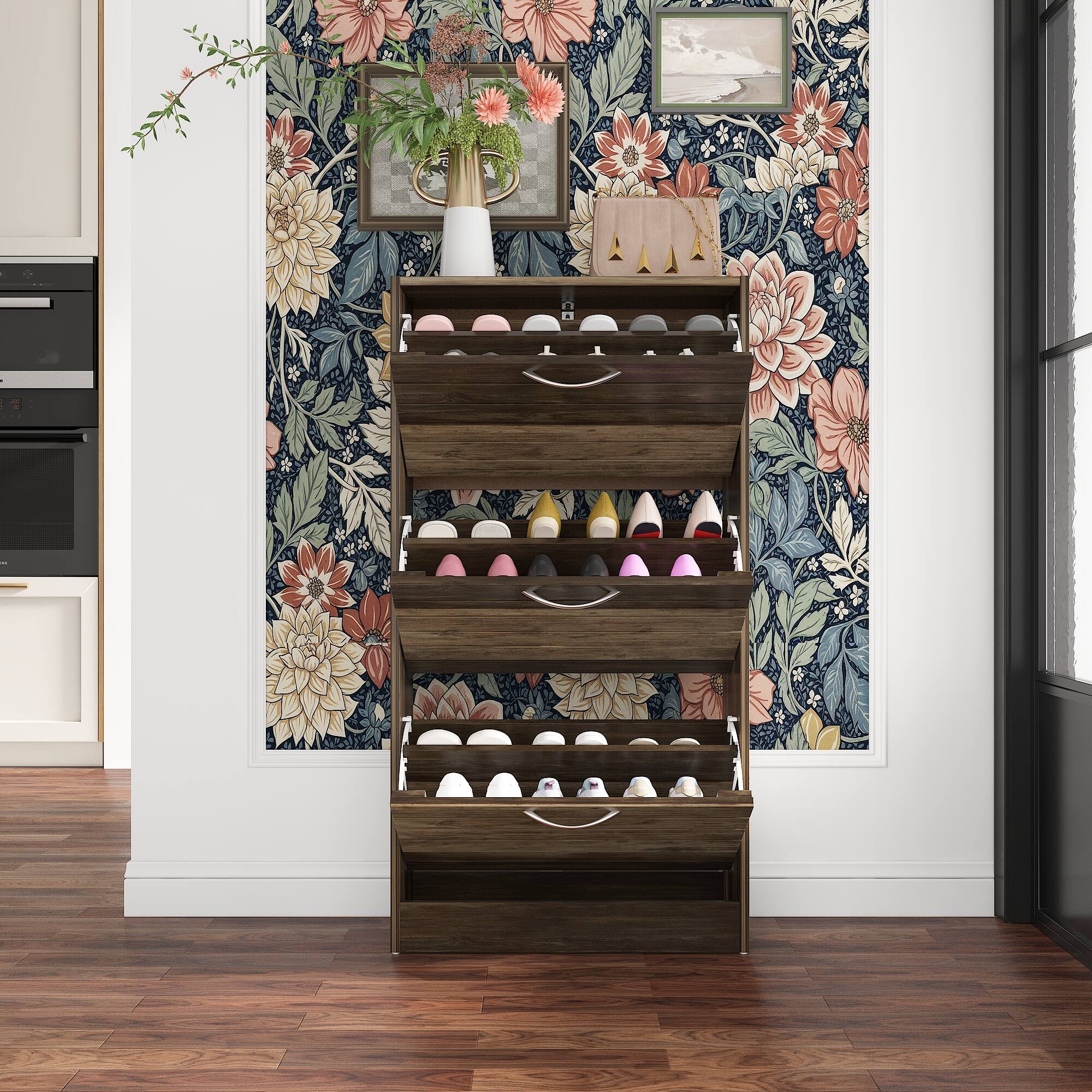 Alt View 6. Famapy - Famapy Farmhouse - Style Rustic Wood Shoe Cabinet – Flip - Down Drawers, Adjustable Shelves for Organized - Brown.