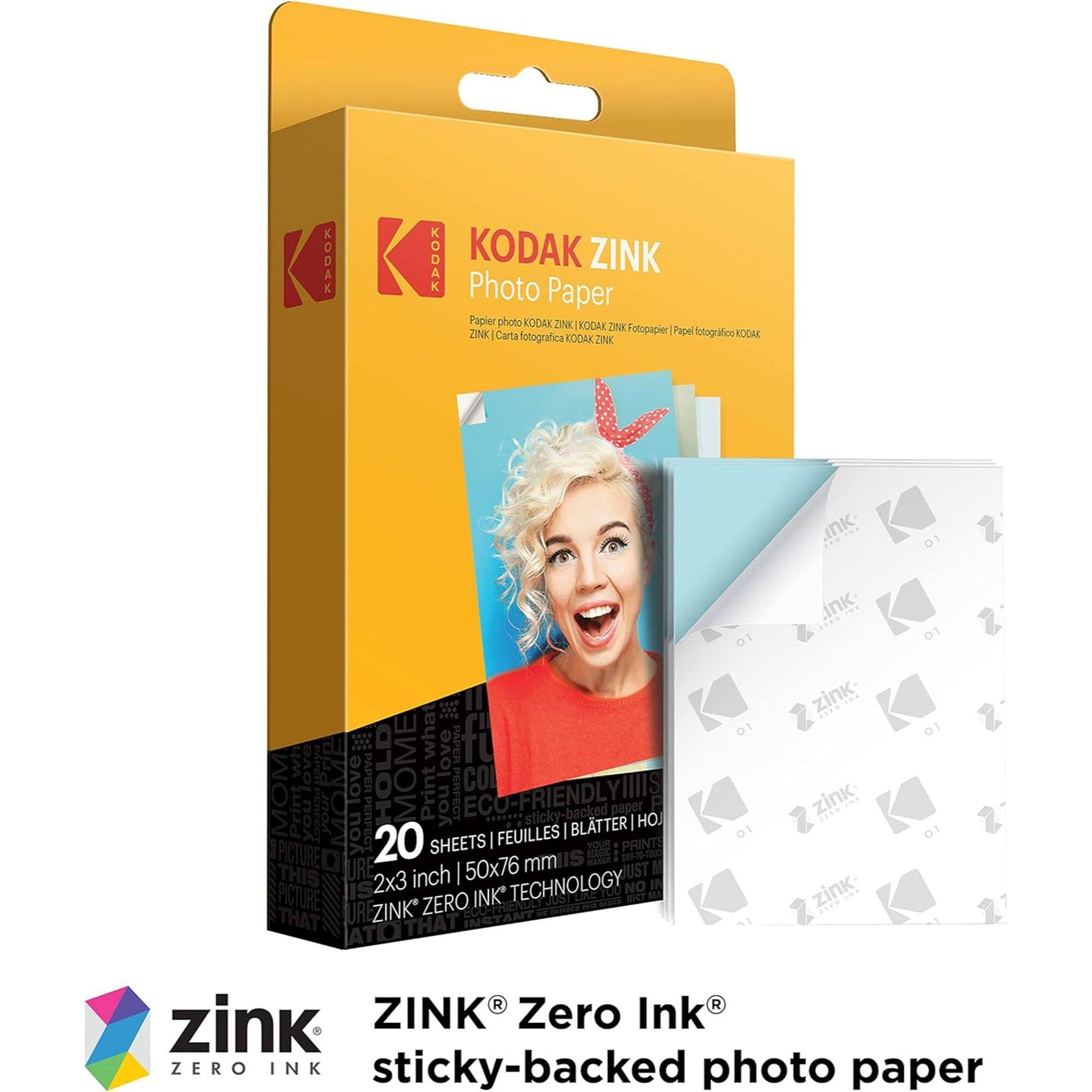 KODAK ZINK Photo Paper  
Papier photo KODAK ZINK | Papel fotográfico KODAK ZINK | Carta fotografica KODAK ZINK  
20 SHEETS | FEUILLES | BLATTER | HOJ  
2x3 inch | 50x76 mm  
ZINK® ZERO INK® TECHNOLOGY  
sticky-backed photo paper