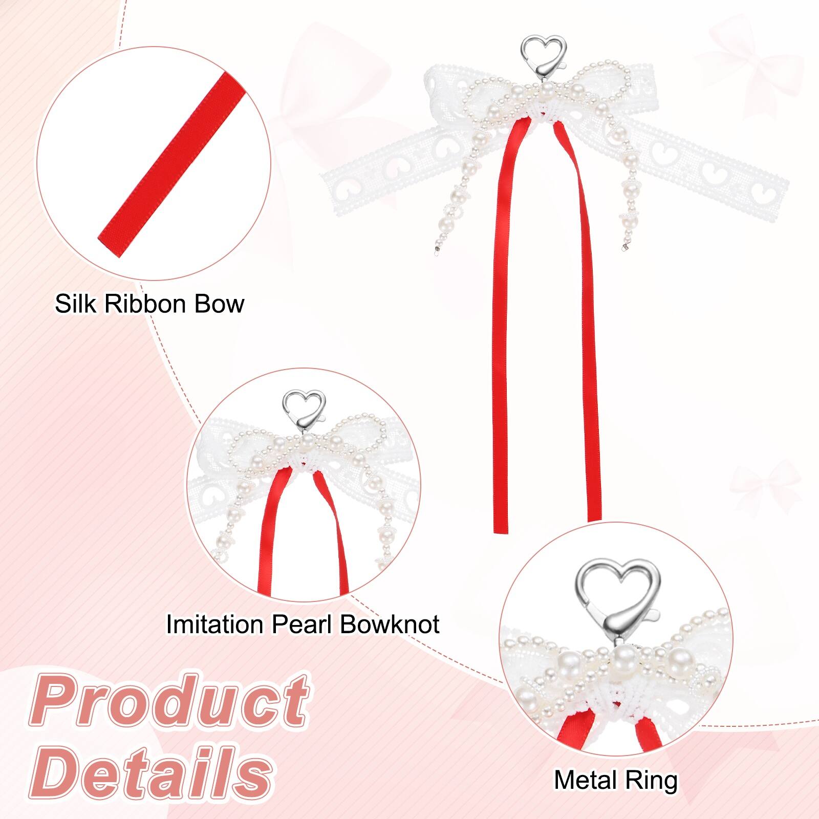 Silk Ribbon Bow  
Imitation Pearl Bowknot  
Metal Ring  

Product Details