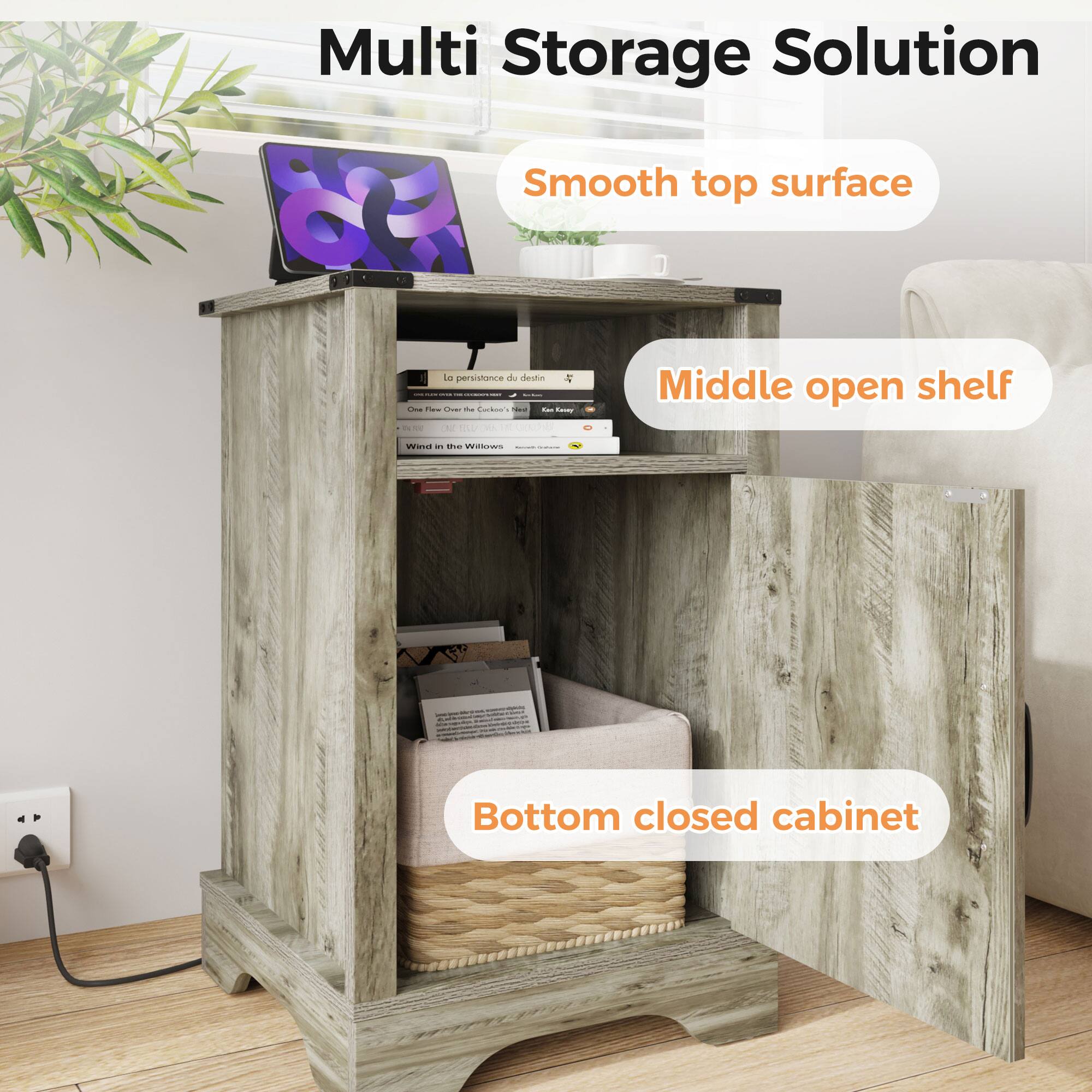 Multi Storage Solution  
Smooth top surface  
Middle open shelf  
Bottom closed cabinet