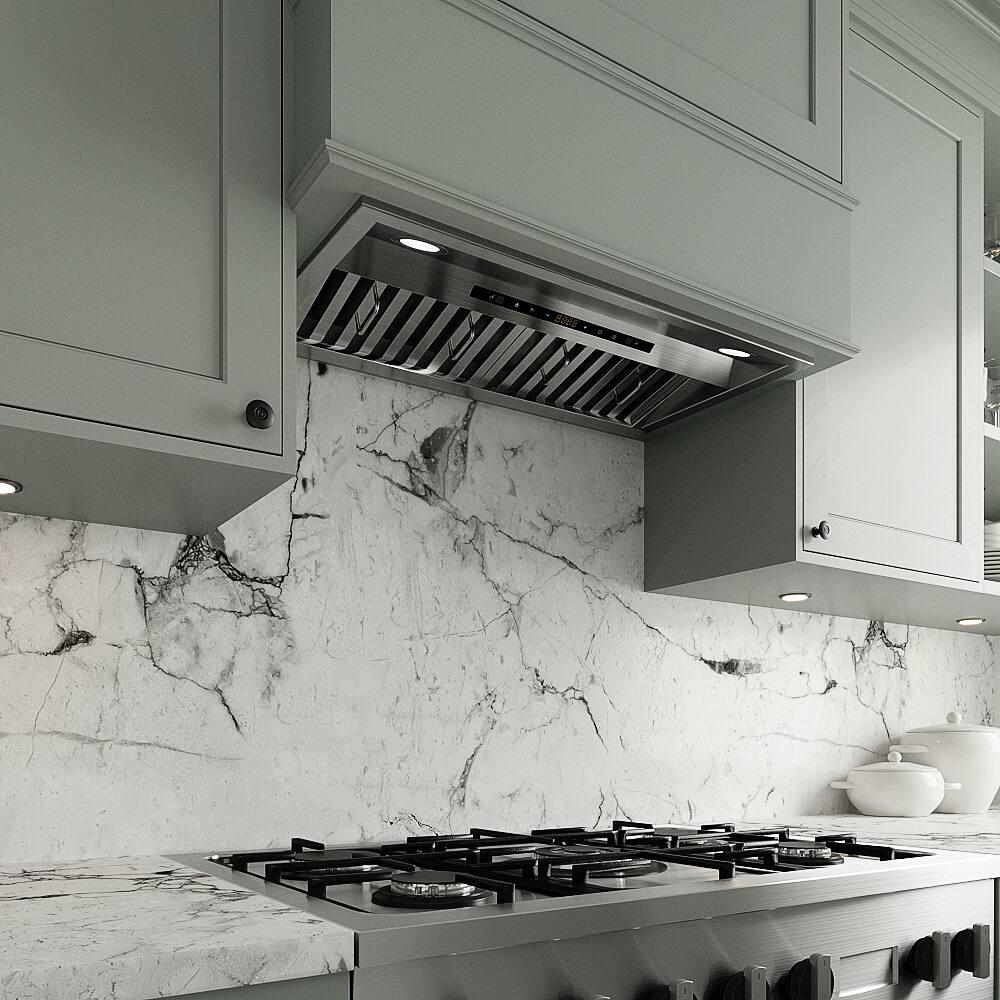 Back. Streamline - 28 in. Amandola Convertible Insert 350 CFM Range Hood, Baffle Filters, Touchpad Control, LED Lights - Brushed Stainless Steel.