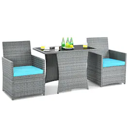Costway - 3PCS Patio Rattan Furniture Set Cushioned Sofa Armrest - Turquoise