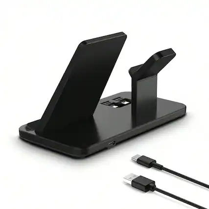 Front. SKRAN - Fast Charging Dock Station - 15W 3 in 1 Wireless Charger Stand Compatible with iPhone, Apple Watch, AirPods Pro - Black.