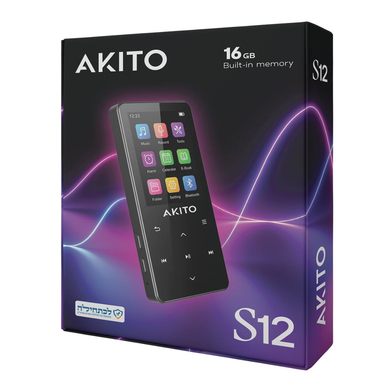 AKITO S12  
16 GB Built-in memory  
Music Record Tools Calendar E-Book Alarm Bluetooth Folder Setting  
AKITO S12