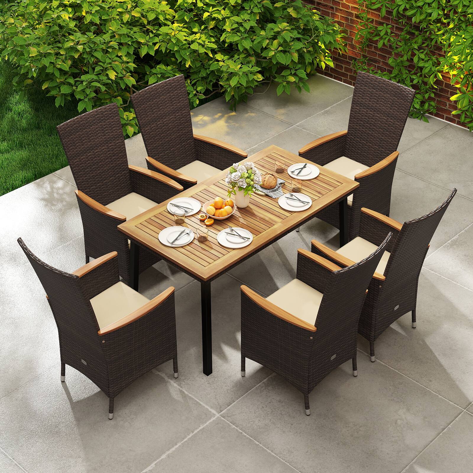 Alt View 1. Gymax - Gymax 7PCS Patio Wicker Armchairs Acacia Wood Table w/Umbrella Hole  Cushions Outdoor Beige - Brown.