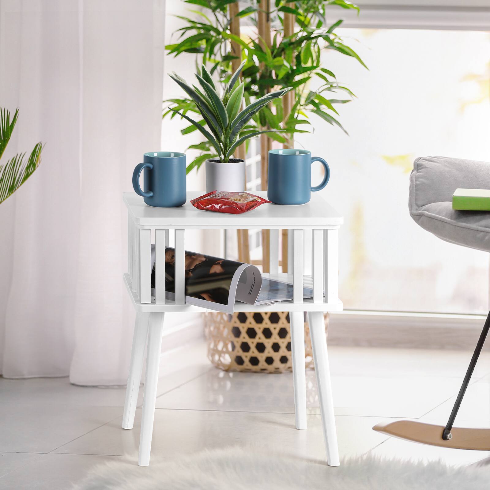 Back. Oumilen - White Bamboo 2-Tier Nightstand with Slatted Design - White.