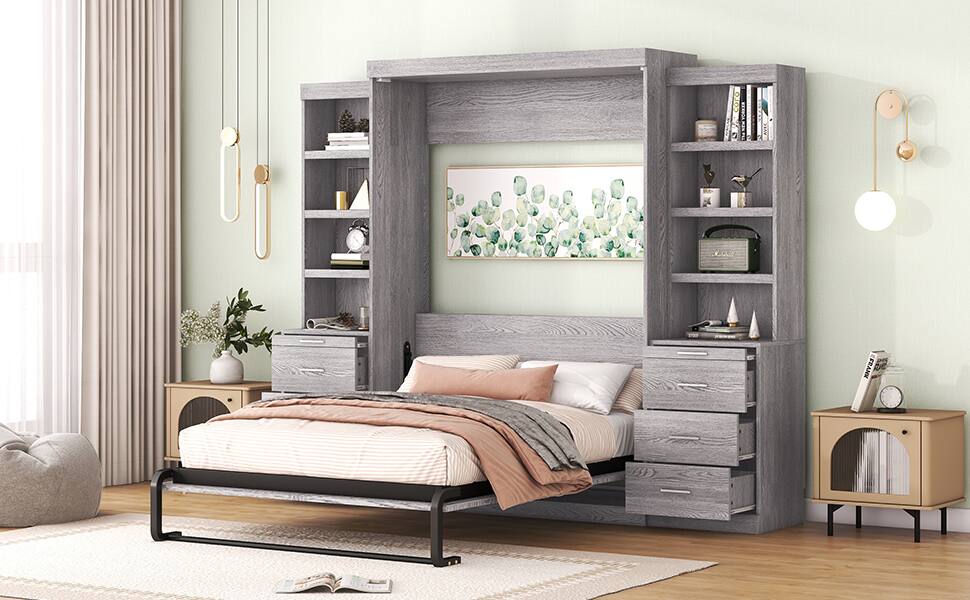 Alt View 1. Tiramisubest - Full Size Gray Murphy Bed, Solid Wood+MDF, 101x75x85 inches, 484 lbs, Space-saving - Gray.