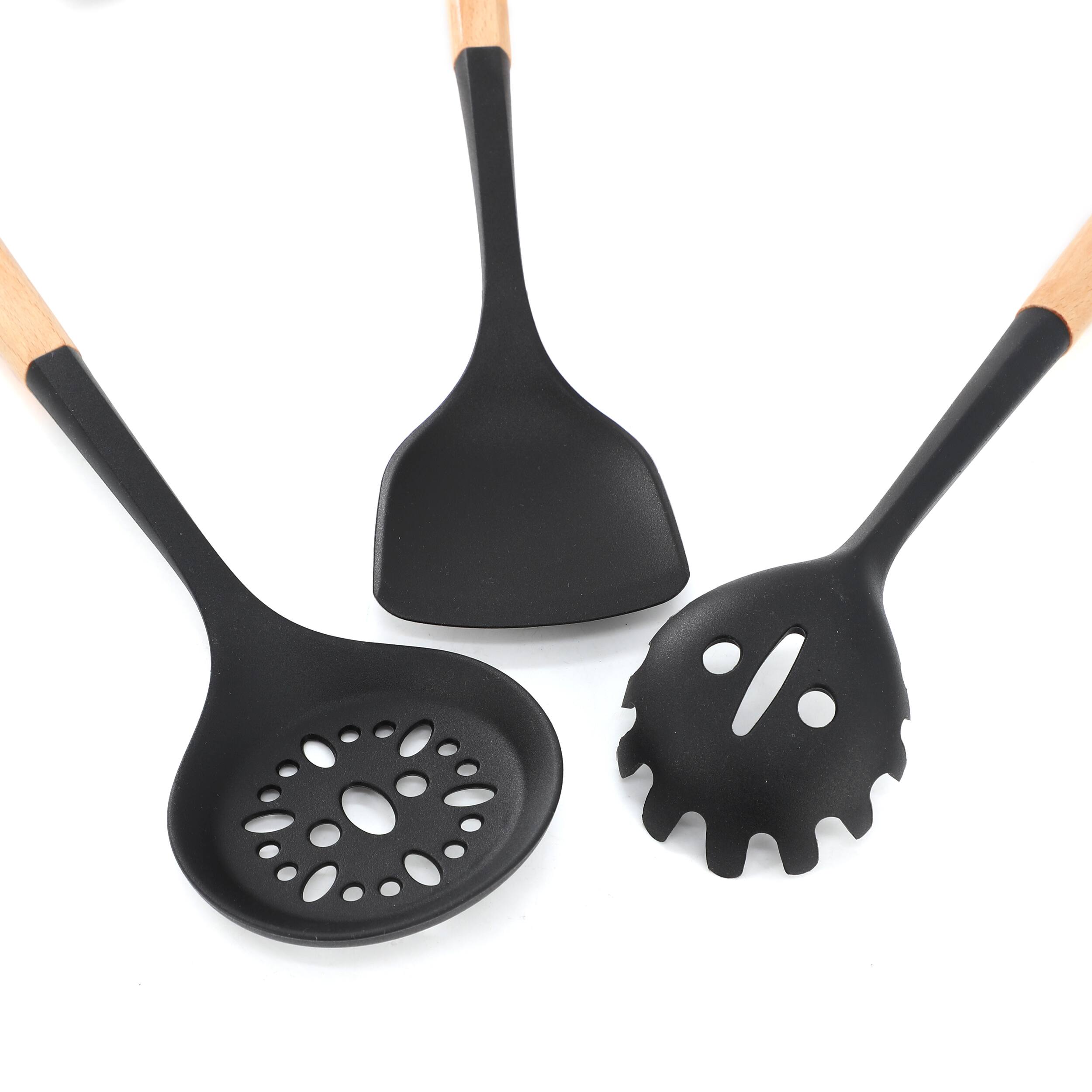 Alt View 2. Oster - Oster Marion 5 Piece Silicone and Wood Kitchen Tool Set in Black - Black.