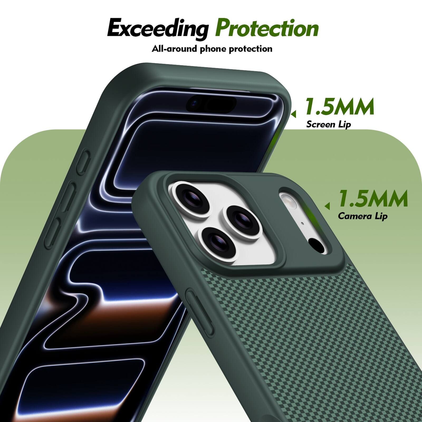 Exceeding Protection  
All-around phone protection  
1.5MM Screen Lip  
1.5MM Camera Lip