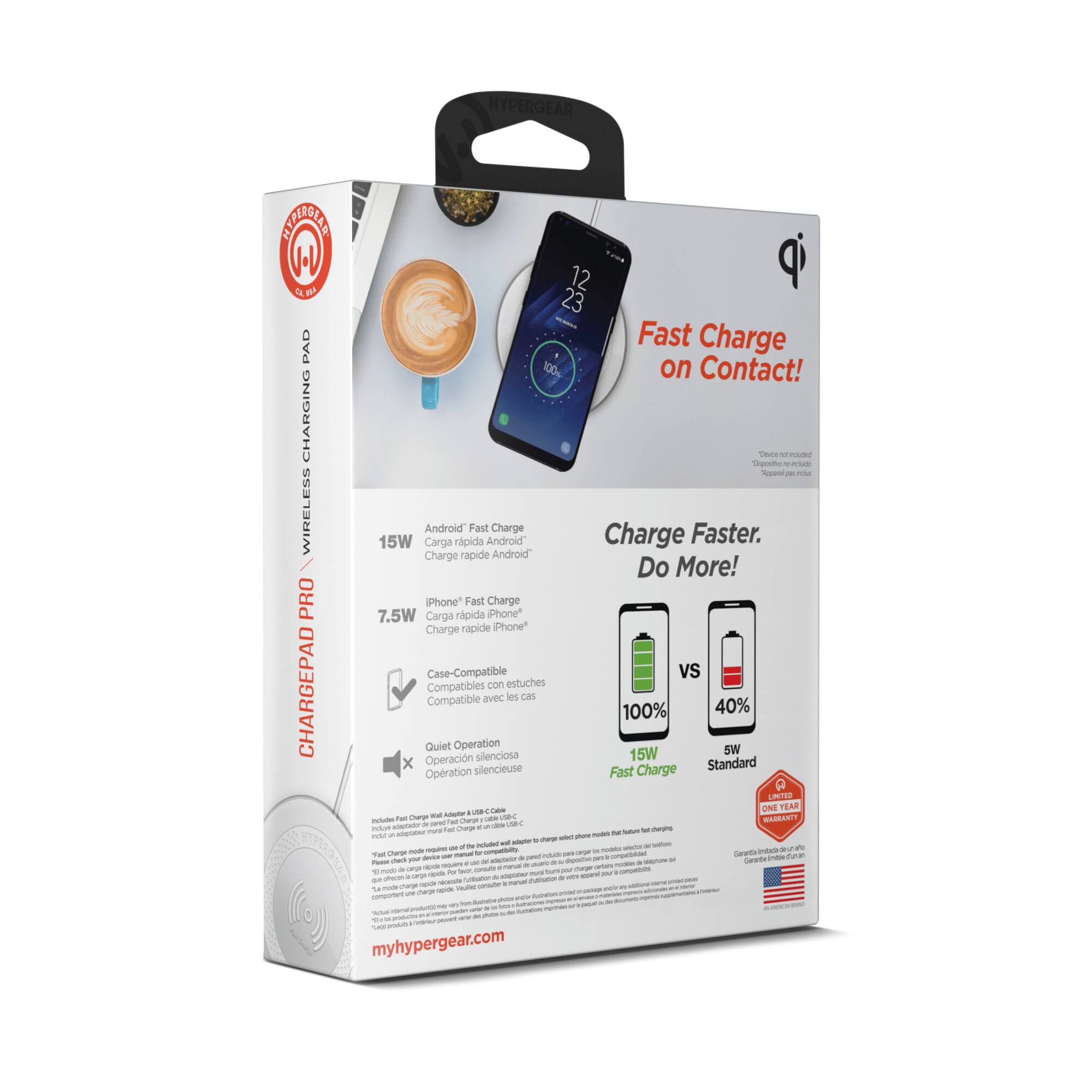 HYPERGEAR DAI RAN NV 4 d PAD CHARGING WIRELESS PRO CHARGEPAD 12 23 Fast Charge 100g on Contact! Tan - m Seyrat au - - a Android Fast Charge 15W Carga rápida Android" Charge Faster. Charge rapide Android Do More! iPhone Fast Charge 7.5W Carga rápida Phone Charge rápida Phone Case-Compatible vs Compatibles con estuches Compatible avec inl can 100% 40% Quiet Operation SW Operación silenciosa 15W x silencieuse Standard Opration Fast Charge mTtE - ONE TEAR - - Aa are - UNBS GLRANT - - Ta chara - . - nkos --  sas 3 - - a - i - nk - - - - - - - an .. c - myhypergear.com