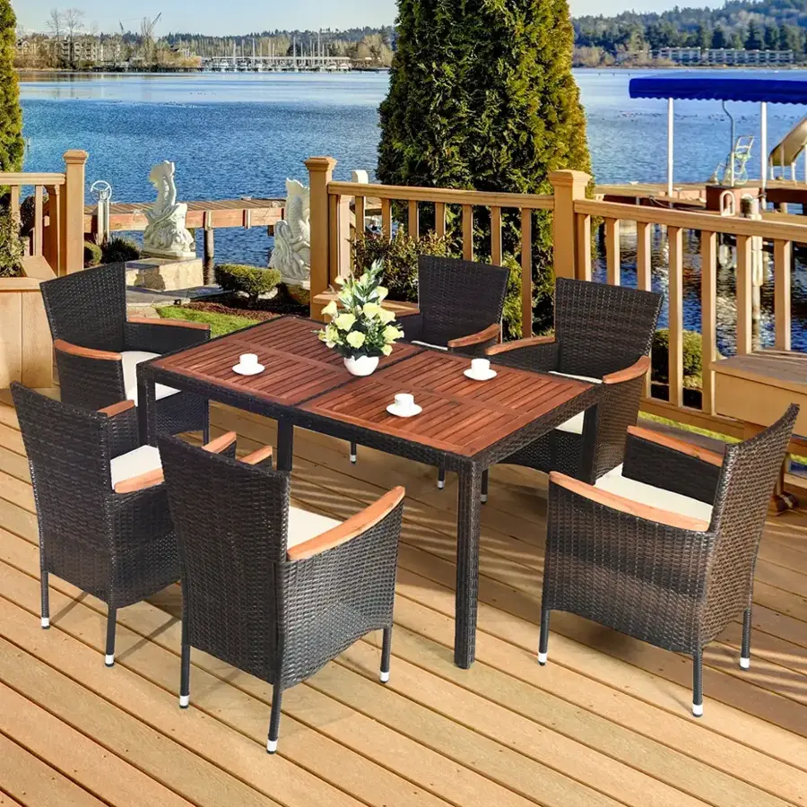 Alt View 8. Costway - Costway 7PCS Patio Rattan Dining Set 6 Stackable Chairs Cushioned - Brown.