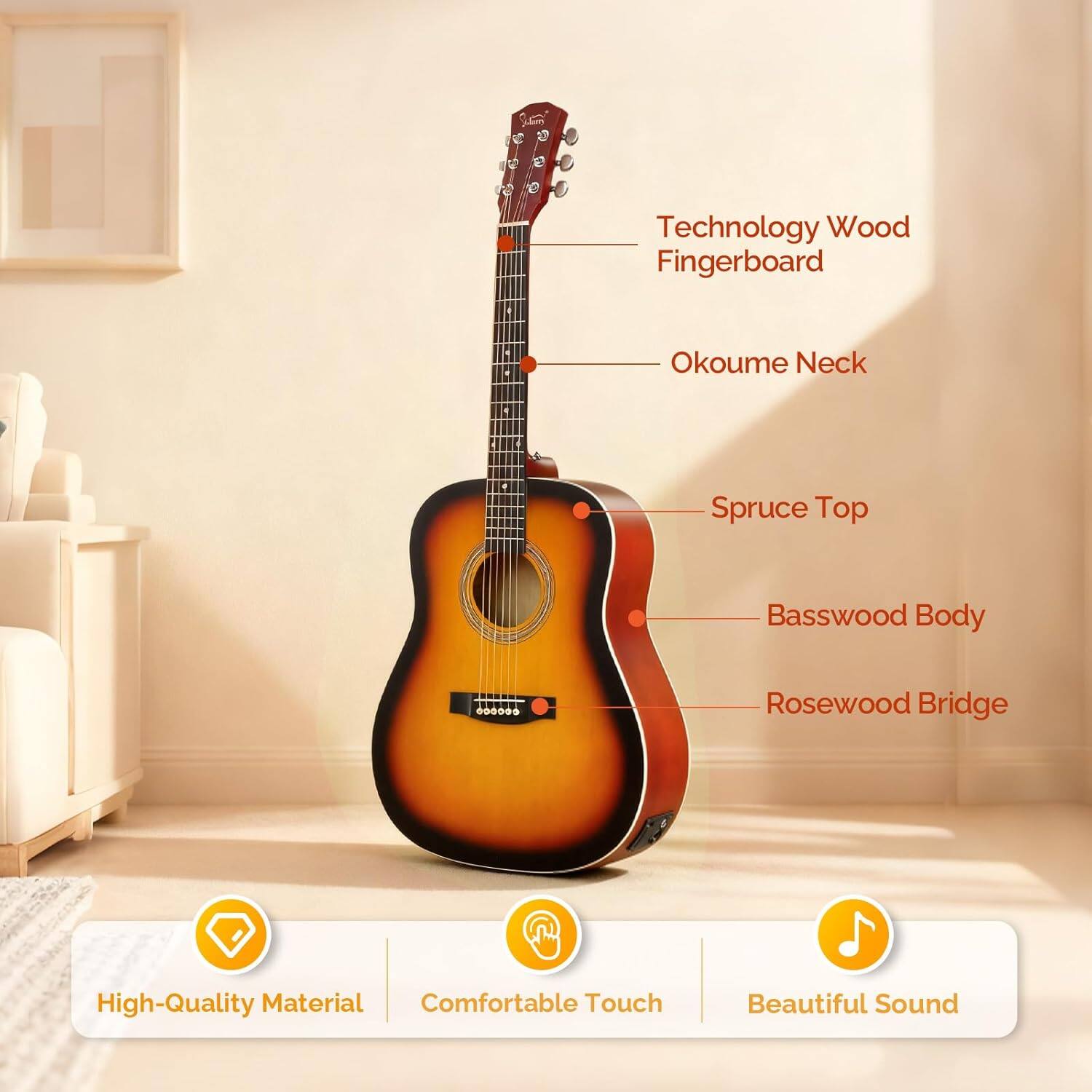 Technology Wood Fingerboard  
Okoume Neck  
Spruce Top  
Basswood Body  
Rosewood Bridge  

High-Quality Material  
Comfortable Touch  
Beautiful Sound