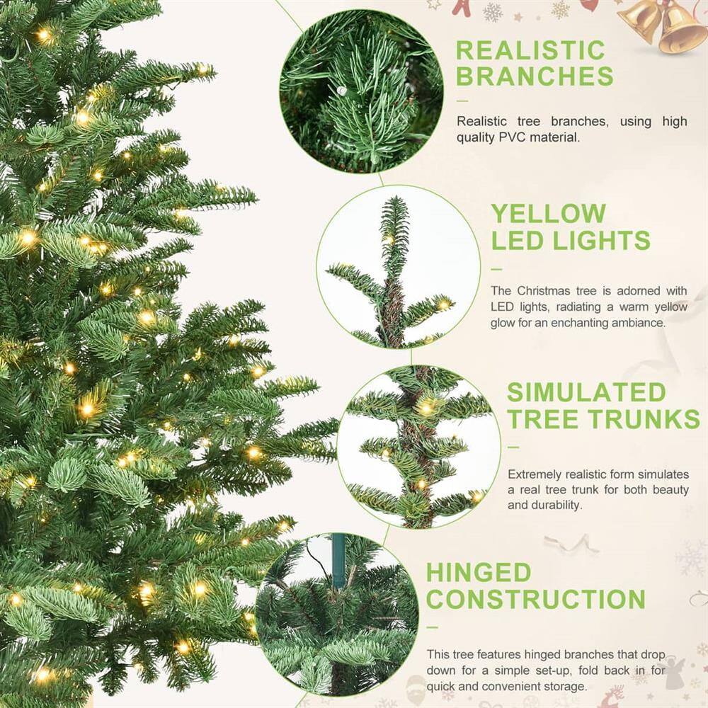 - **REALISTIC BRANCHES**  
  Realistic tree branches, using high quality PVC material.

- **YELLOW LED LIGHTS**  
  The Christmas tree is adorned with LED lights, radiating a warm yellow glow for an enchanting ambiance.

- **SIMULATED TREE TRUNKS**  
  Extremely realistic form simulates a real tree trunk for both beauty and durability.

- **HINGED CONSTRUCTION**  
  This tree features hinged branches that drop down for a simple set-up, fold back in for quick and convenient storage.