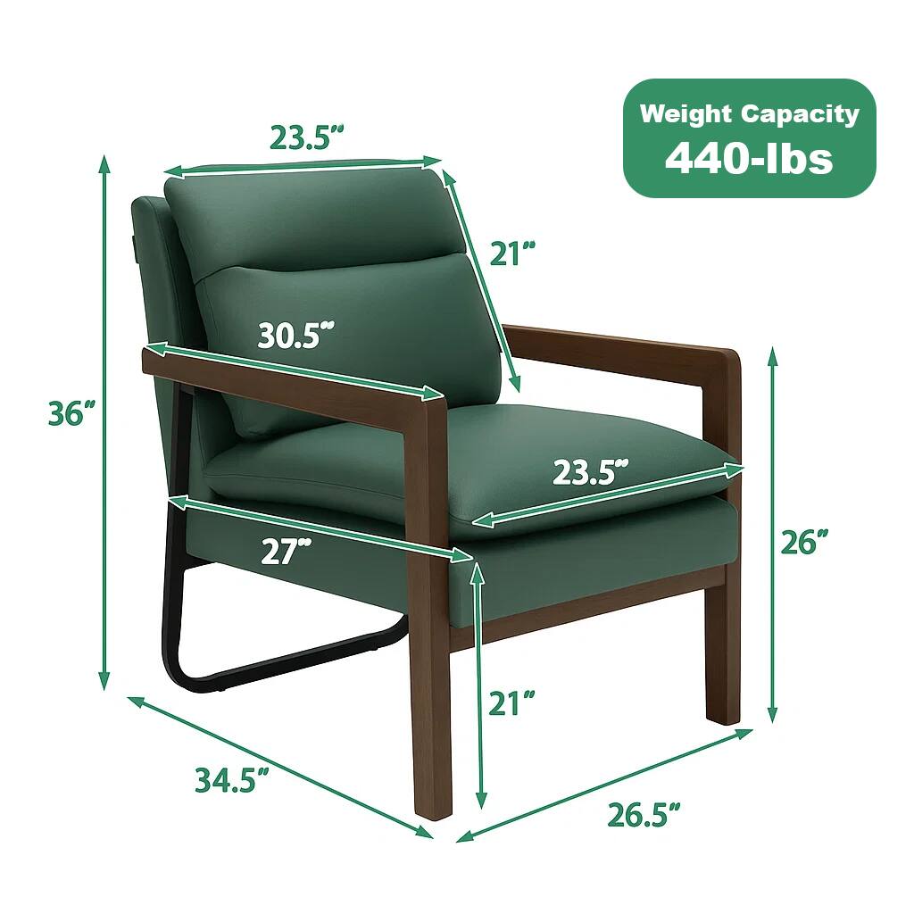 Weight Capacity: 440-lbs

Dimensions:
- Height: 36"
- Width: 34.5"
- Depth: 26.5"
- Seat Height: 21"
- Seat Depth: 23.5"
- Armrest Height: 23.5"
- Armrest Width: 21"
- Back Height: 30.5"
- Back Width: 27"
- Overall Width: 26"