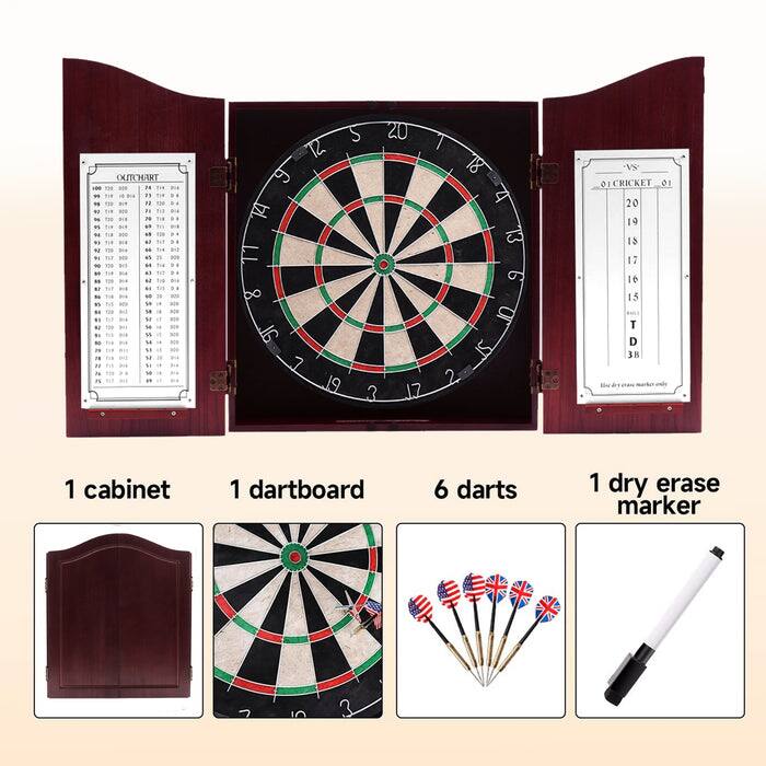 1 cabinet, 1 dartboard, 6 darts, 1 dry erase marker