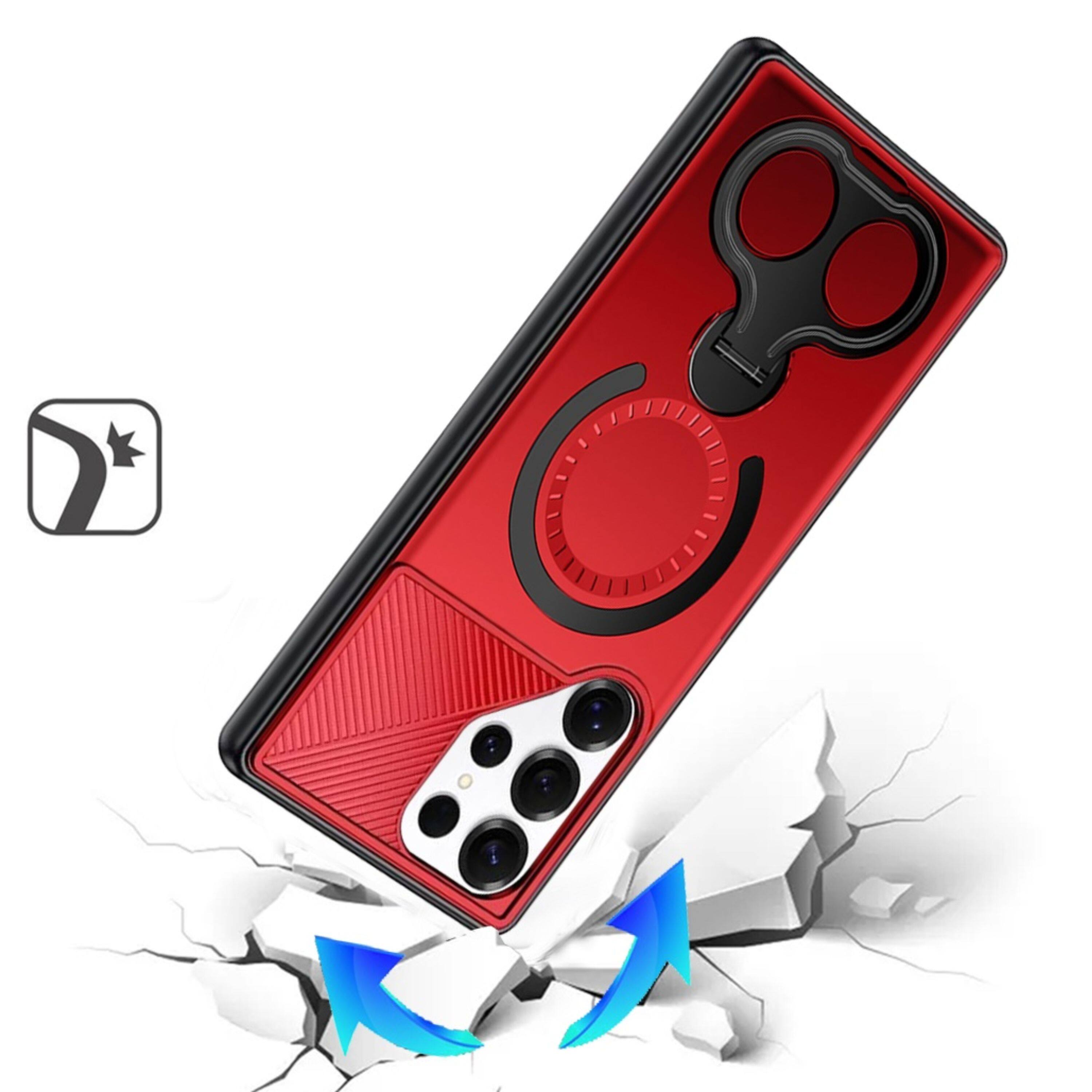 Left. Kitcheniva - Magnetic Circle Dual 360 Ring Stand Phone Case With Tempered Glass For Samsung Galaxy S25 Ultra Red - Red.