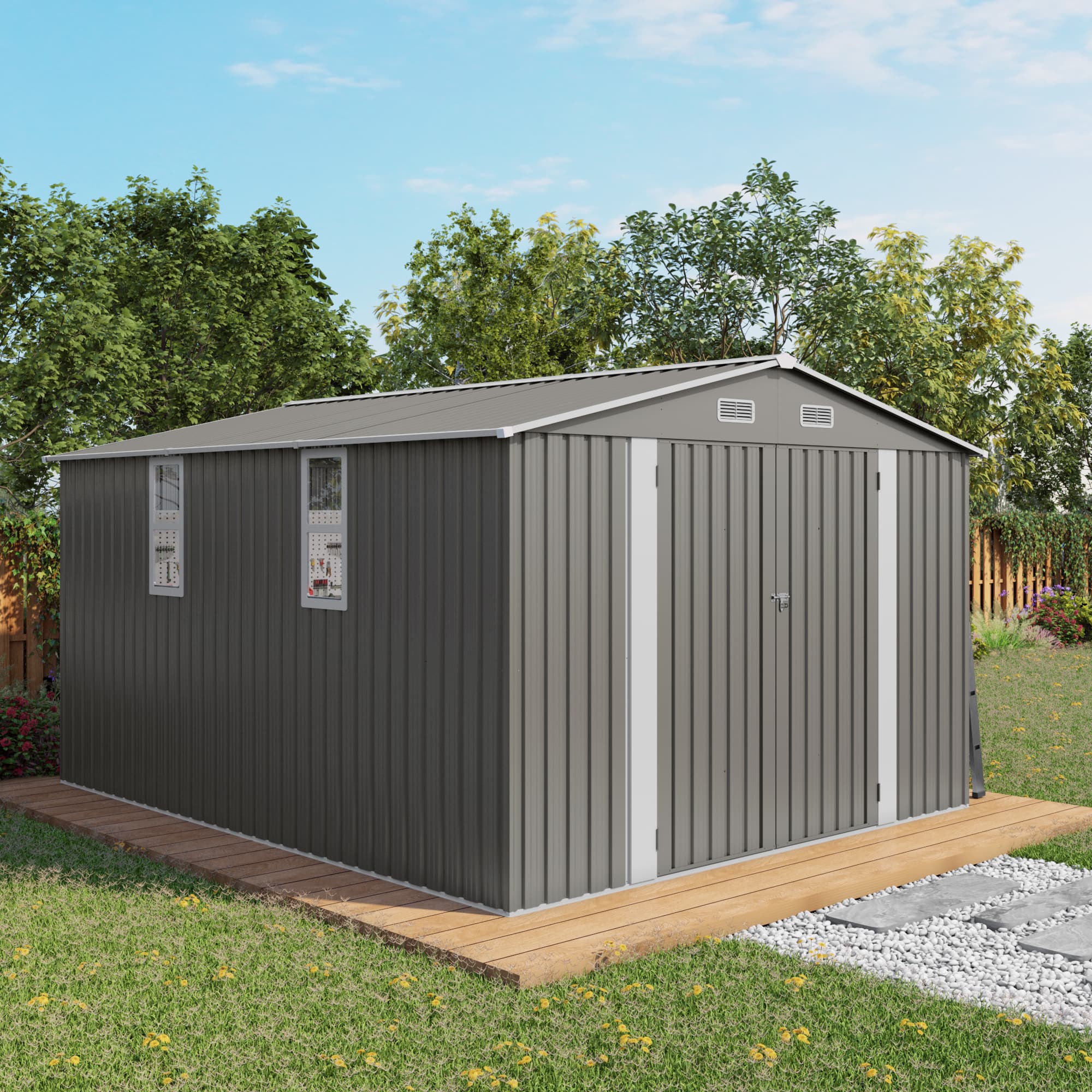APRILSOUL - 10ft Wide Galvanized Steel Shed Lockable Double Door Storage Workshop - Gray