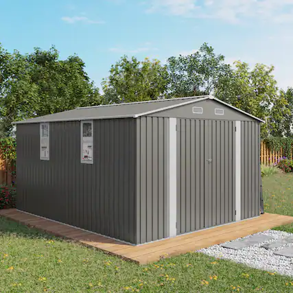 Front. Anysun - 10x12 FT Outdoor Storage Shed – Large Metal Garden Shed with Double Door & Two Translucent Windows, Waterproof - Gray.