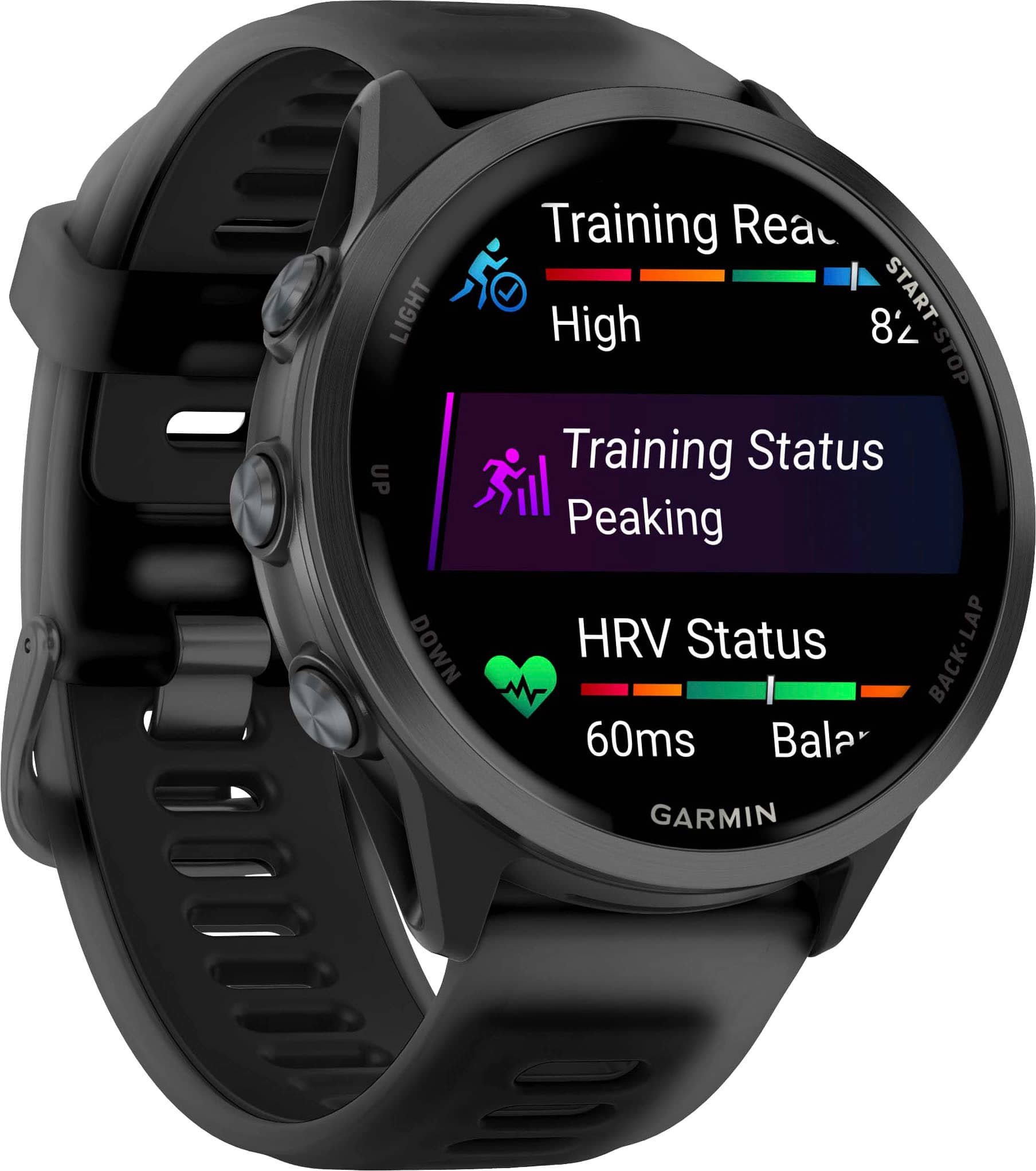 Training Ready: High
Training Status: Peaking
HRV Status: High
Start-Stop: Start
Light Up Down: Training Ready
Garmin: