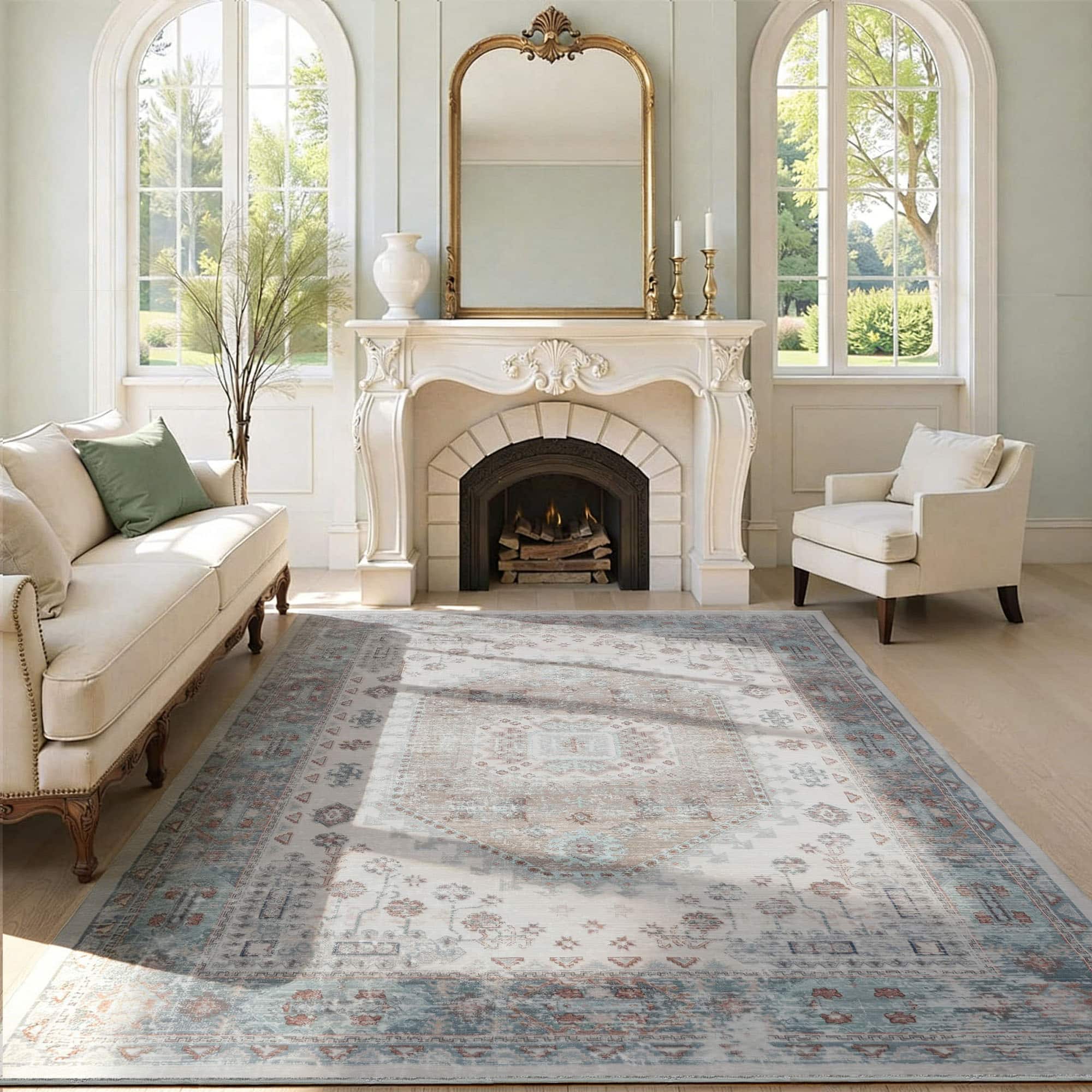 RYHNUYNE - Washable Rugs 8x10 Area Rugs for Living Room, Stain Resistant Thin Carpe, Soft Rugs for Nursery Home Office - Turquoise