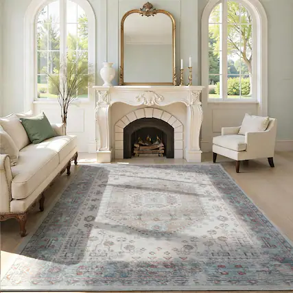 Front. RYHNUYNE - Washable Rugs 8x10 Area Rugs for Living Room, Stain Resistant Thin Carpe, Turquoise Soft Rugs for Nursery Home Office - Turquoise.