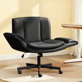 Brick Attic - Criss Cross Chair with Wheels & Armrests, Wide Vanity Chair Scratch-Resistant PU Cross Legged Computer Office Desk Chair - Black