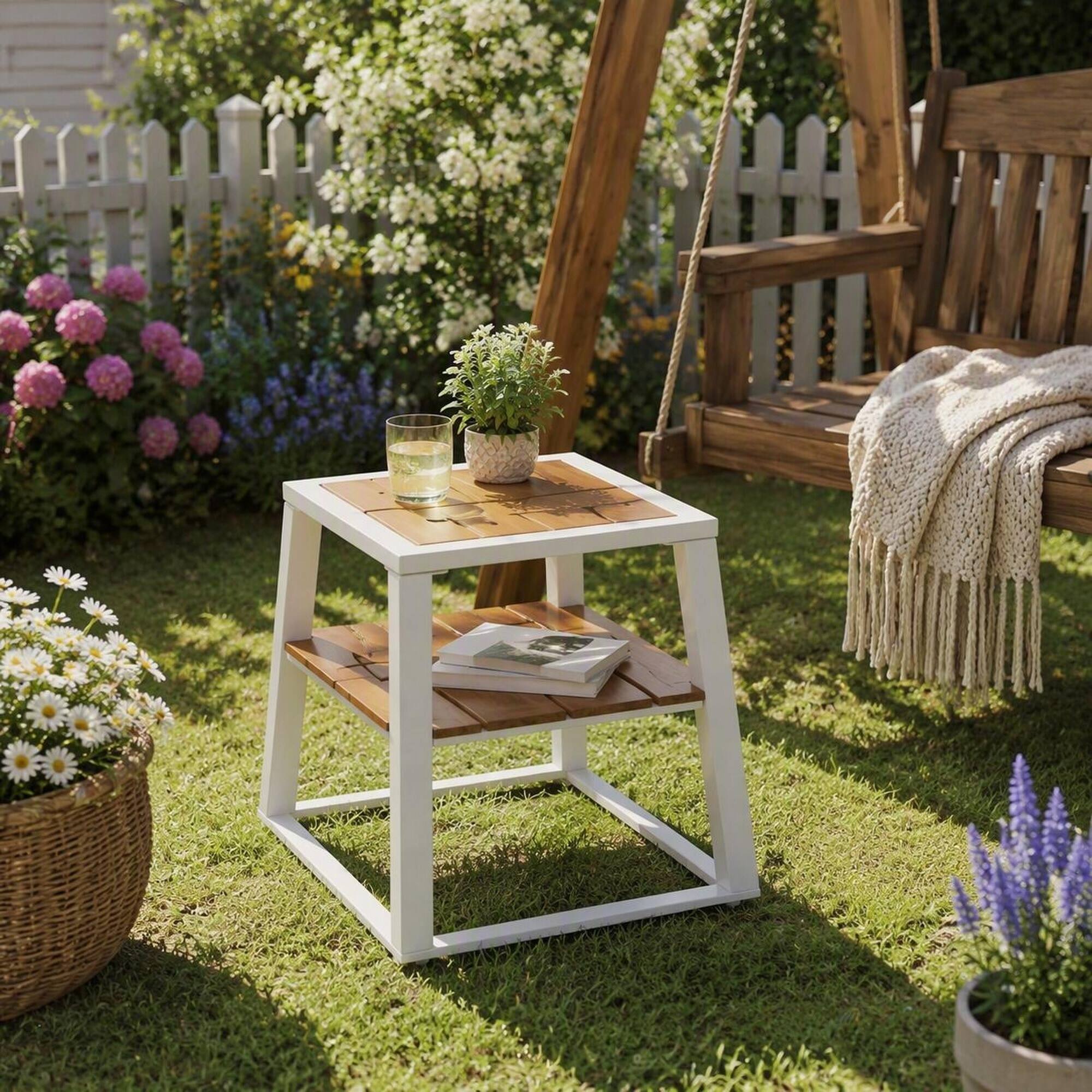 Alt View 2. RYHNUYNE - 2-Tier Acacia Wood Outdoor Side Table With White Iron Frame, Weather-Resistant Patio End Table With Storage Shelf - White.