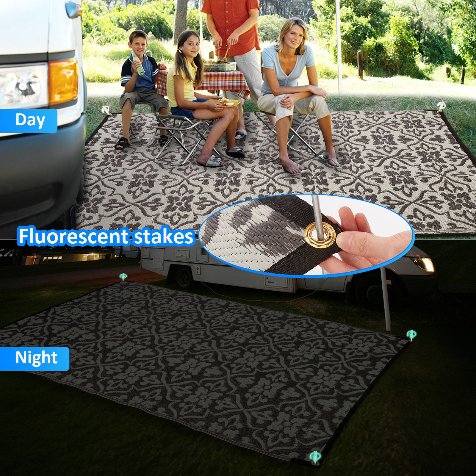 Day  
Fluorescent stakes  
Night